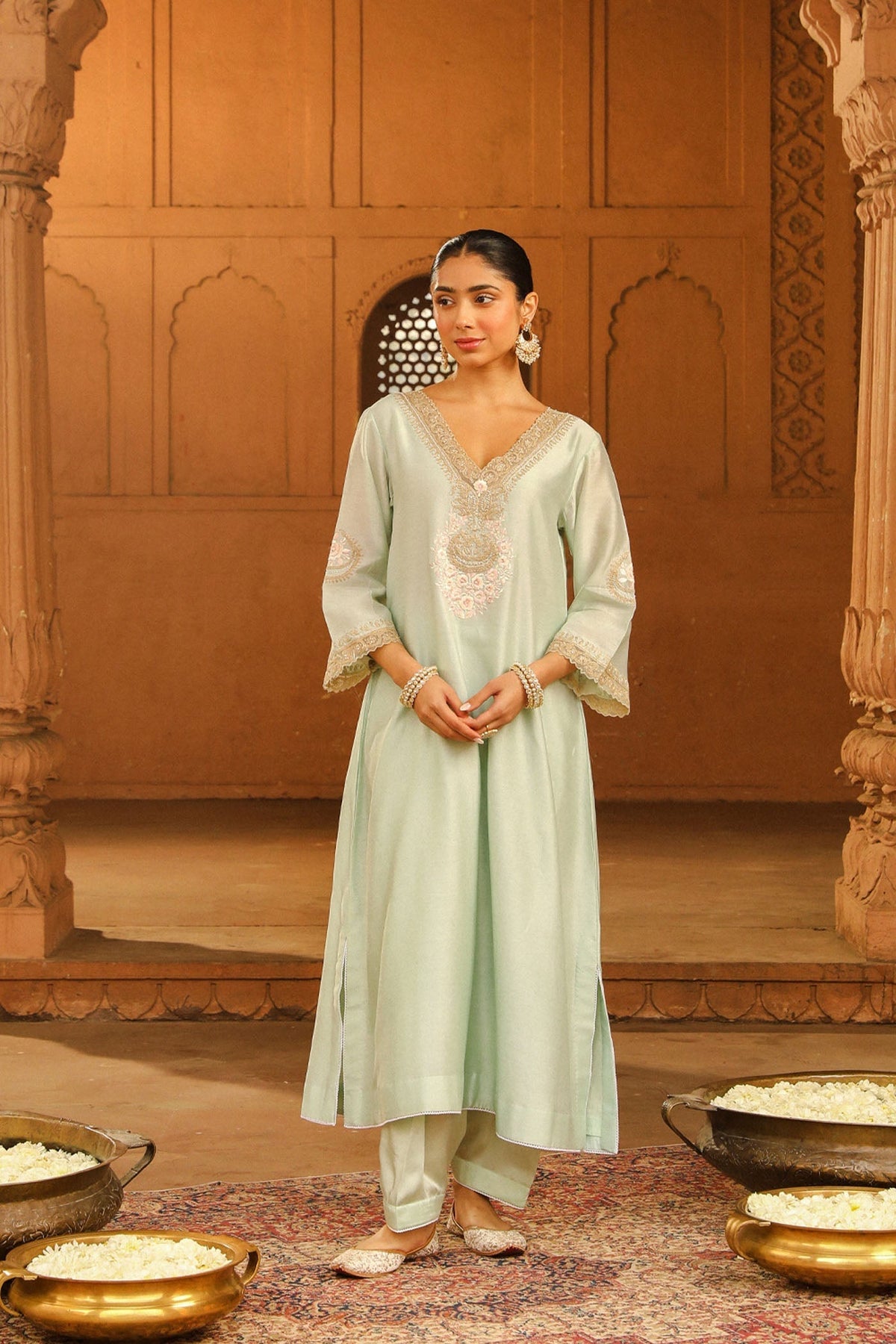 Sanvi - Misty Green Long Choga with Salwar (Lxrts)