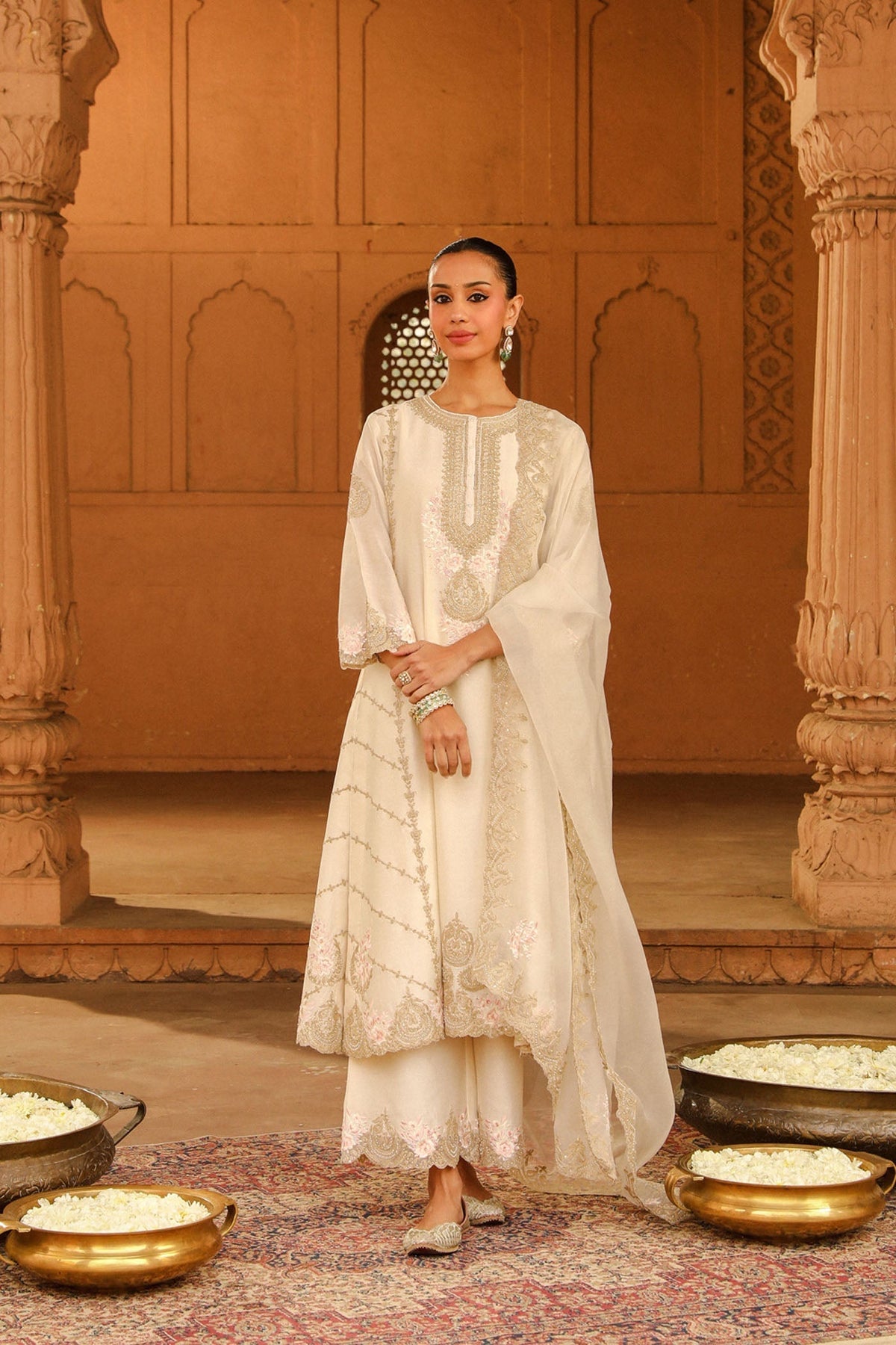 Yusra - Daisy Ivory Long kurta with palazzo and dupatta (Lxrts)