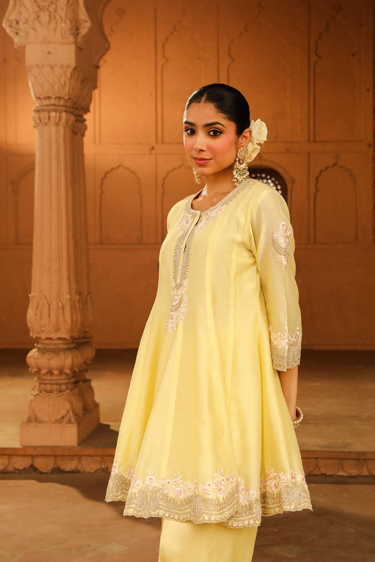 Faria - Lemon Yellow Short Anarkali with Chooridaar and Dupatta