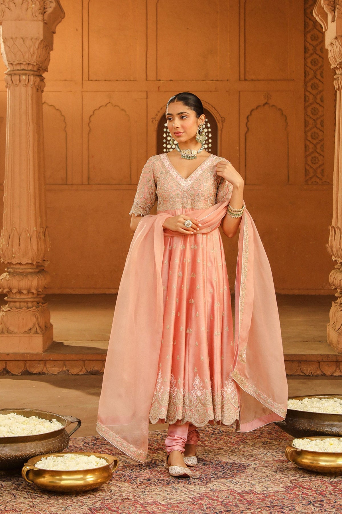 Wasifa - Off Rose Ankle Length Anarkali with Chooridaar and Dupatta