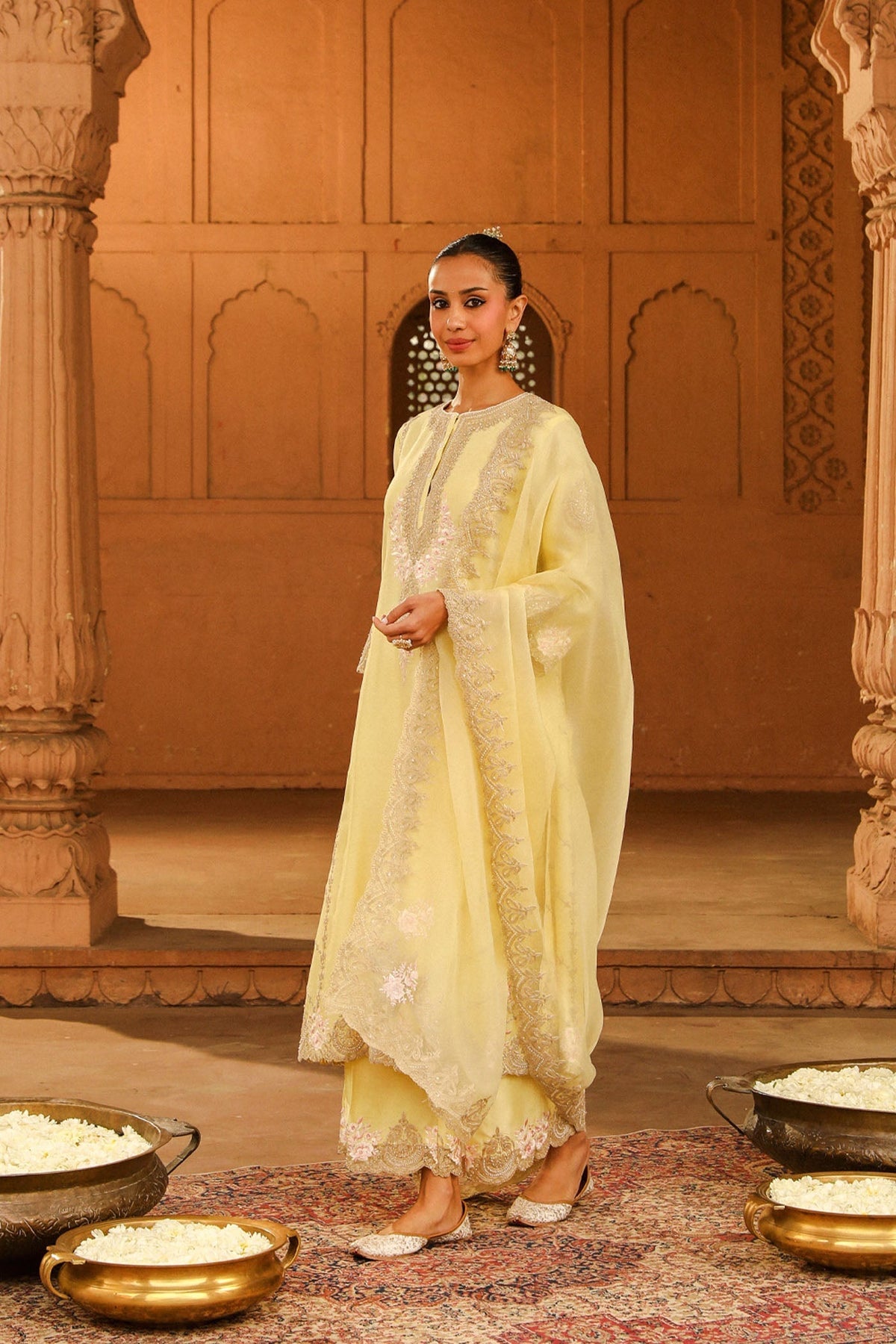 Yusra - Lemon Yellow Long kurta with palazzo and dupatta (Lxrts)