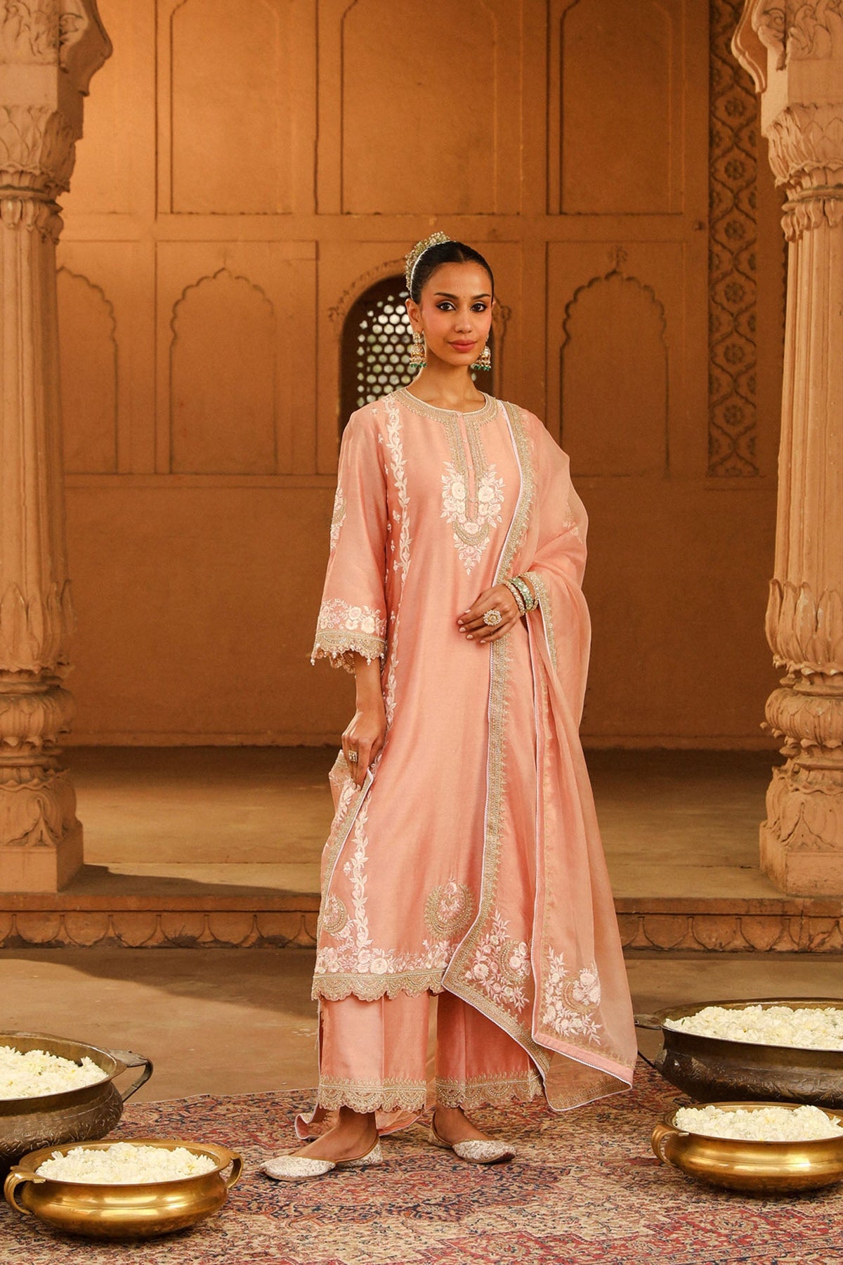 Yasna - Off Rose Long kurta with palazzo and dupatta
