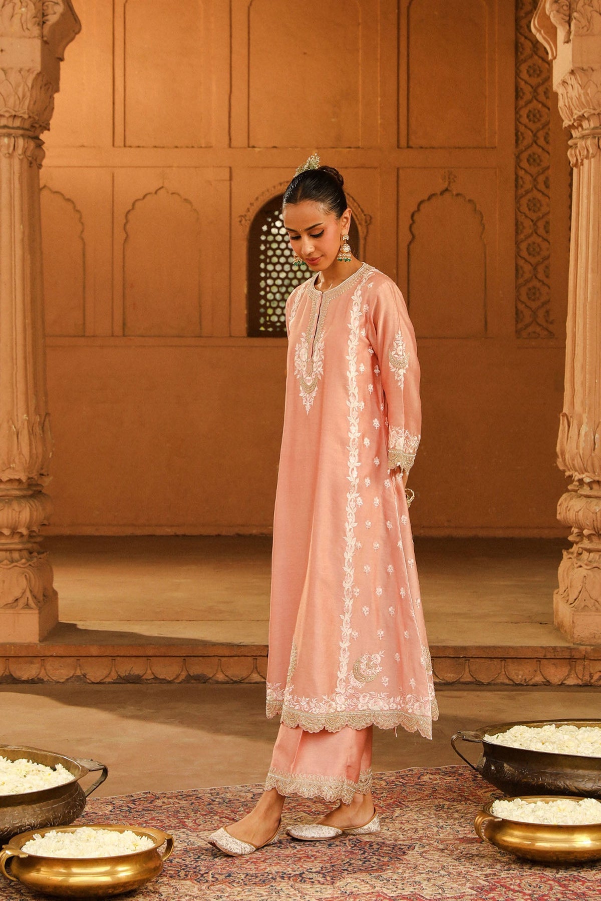 Yasna - Off Rose Long kurta with palazzo and dupatta