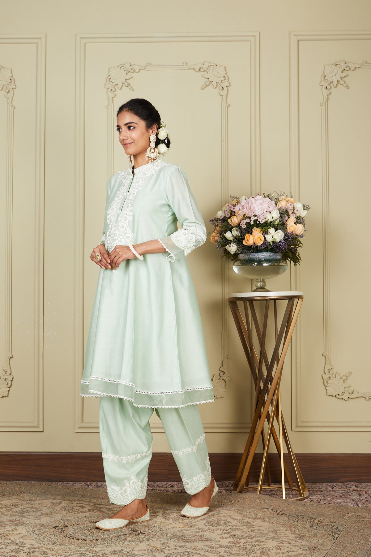Ryhana - Frosty Green A-line short kurta with salwar and dupatta