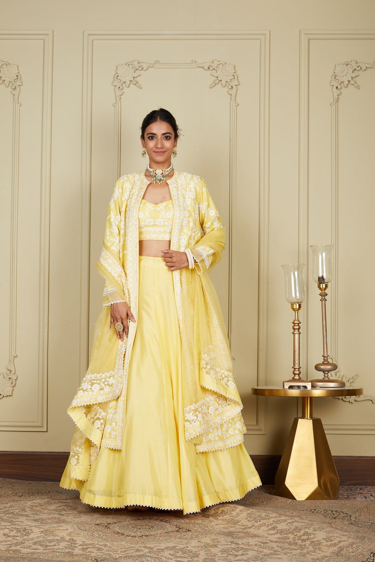 Zahria - Lemon Yellow Jacket, lehenga with blouse and dupatta