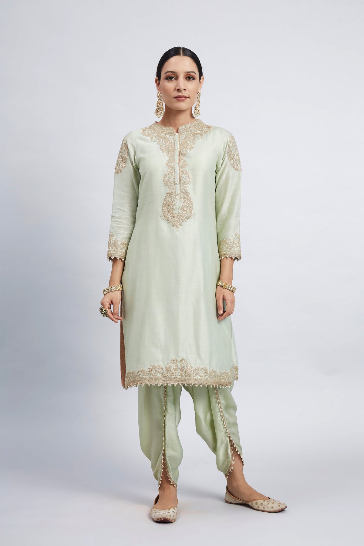 Aabisah- Mint Green Embroidered Kurta With Dhoti