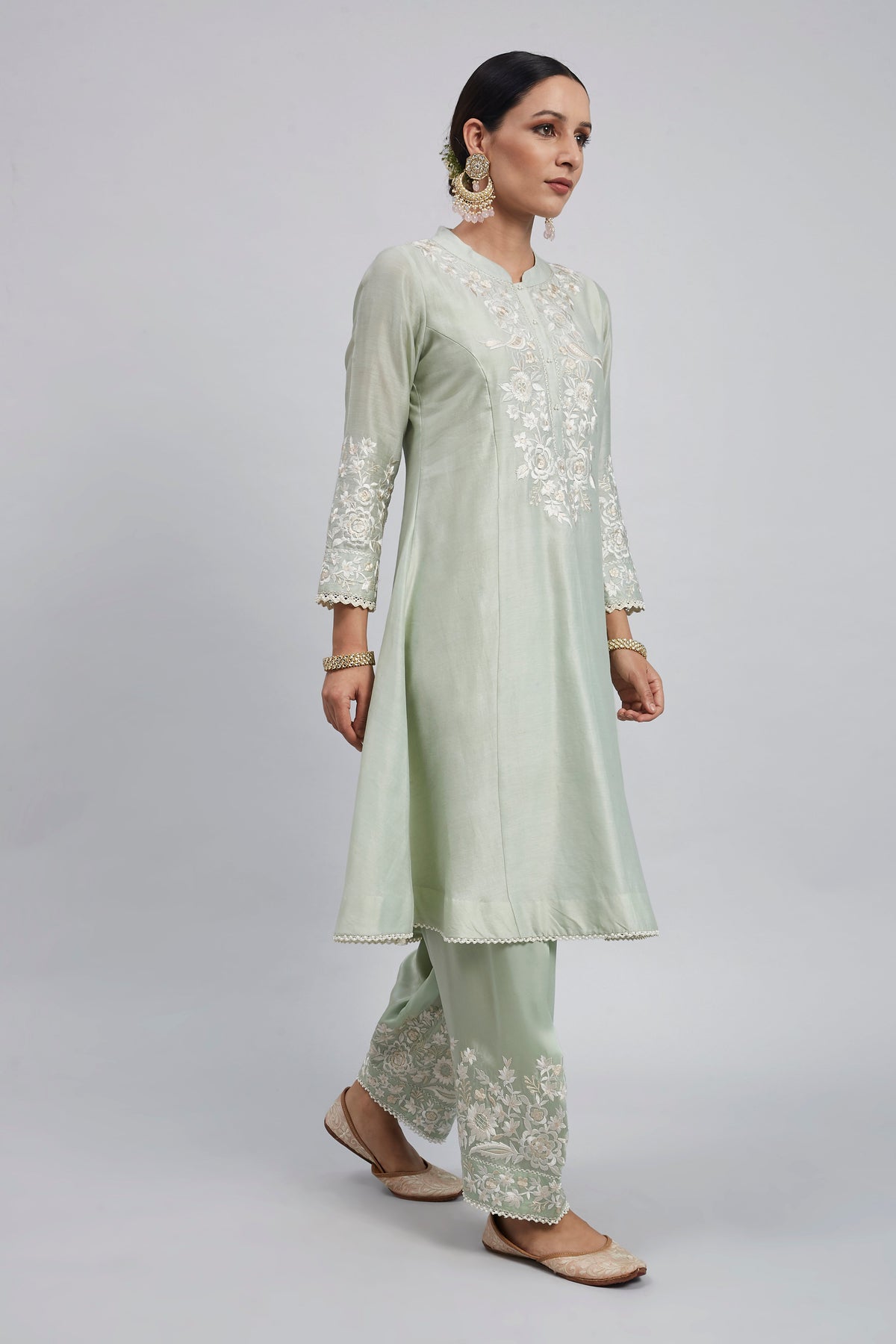 Kaina- Mint Green Pure chanderi silk Parsi-gara embroidered ensemble