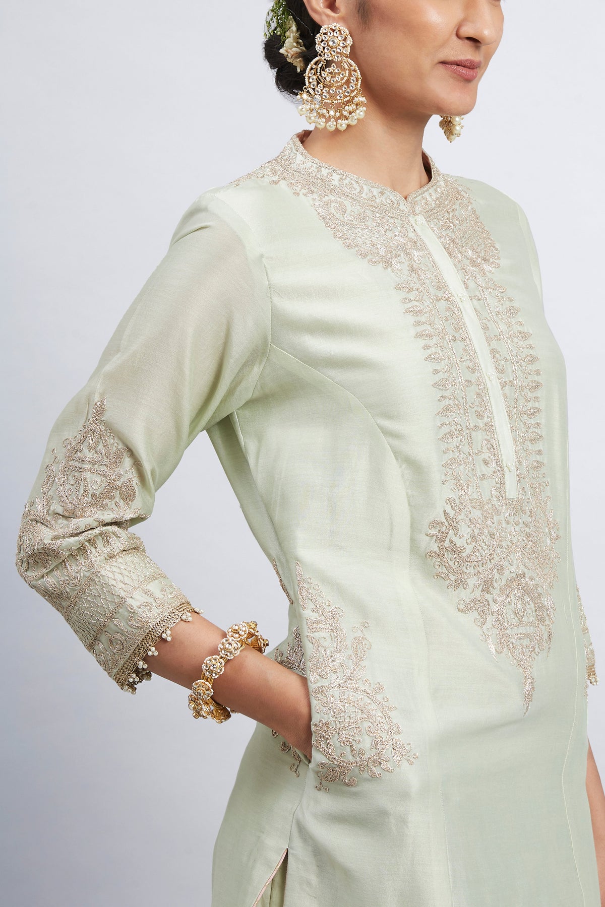 Aadah- Mint Green Embroidered Princess-Cut Kurta Set