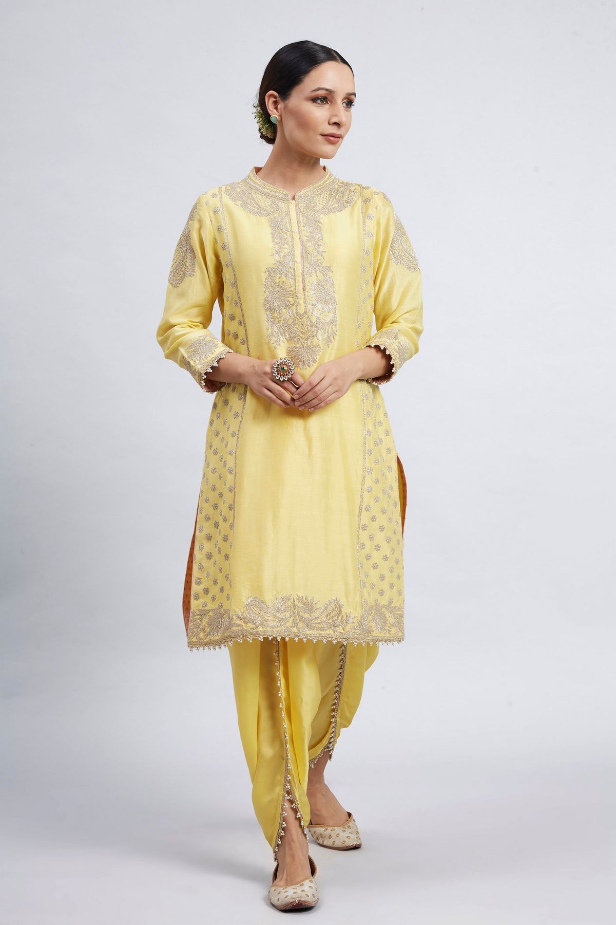 Aabish Mustard Pearl Embroidered Kurta Set