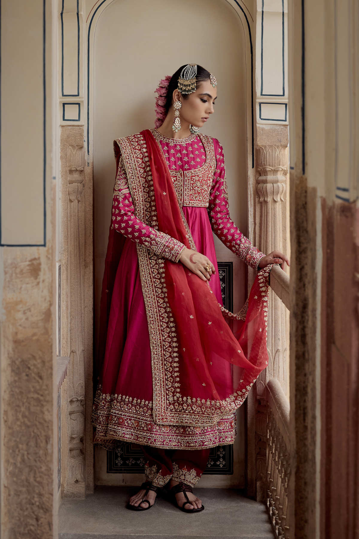 Noor - Dabka Zardozi Embroidered Chanderi Silk Rani Hotpink Anarkali Set