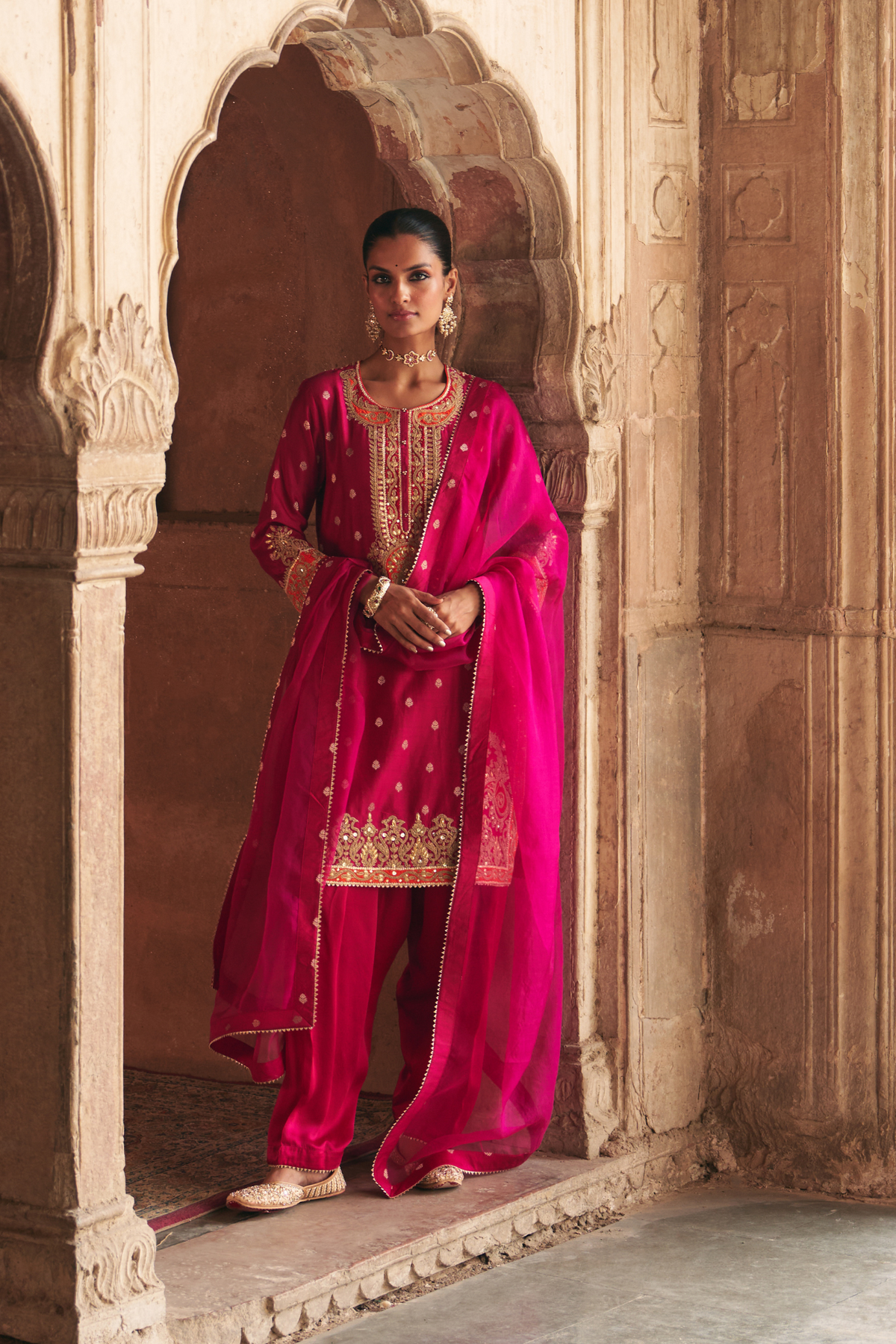 ANILA - Rani Hotpink SHORT KURTA WITH SALWAR