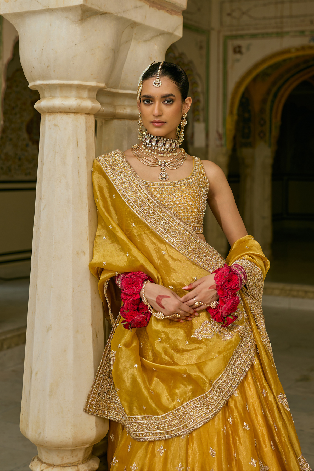 Aashina - Dabka Zardozi Embroidered Pure Tissue Mustard Gold Lehenga Set
