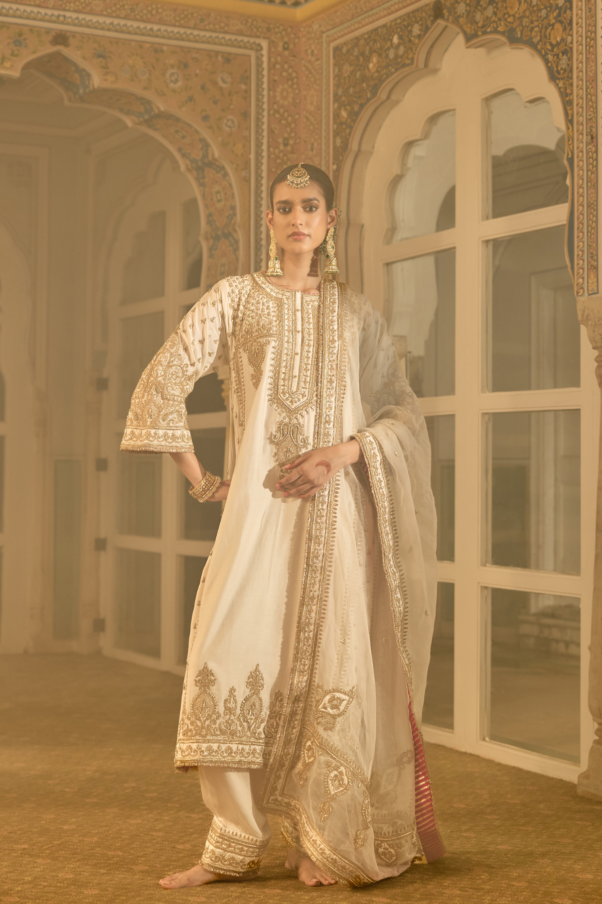 Zoya - Dabka Zardozi Embroidered Rich Banarasi Kalidaar Daisy Ivory Long Chauga Set (LXRTS)