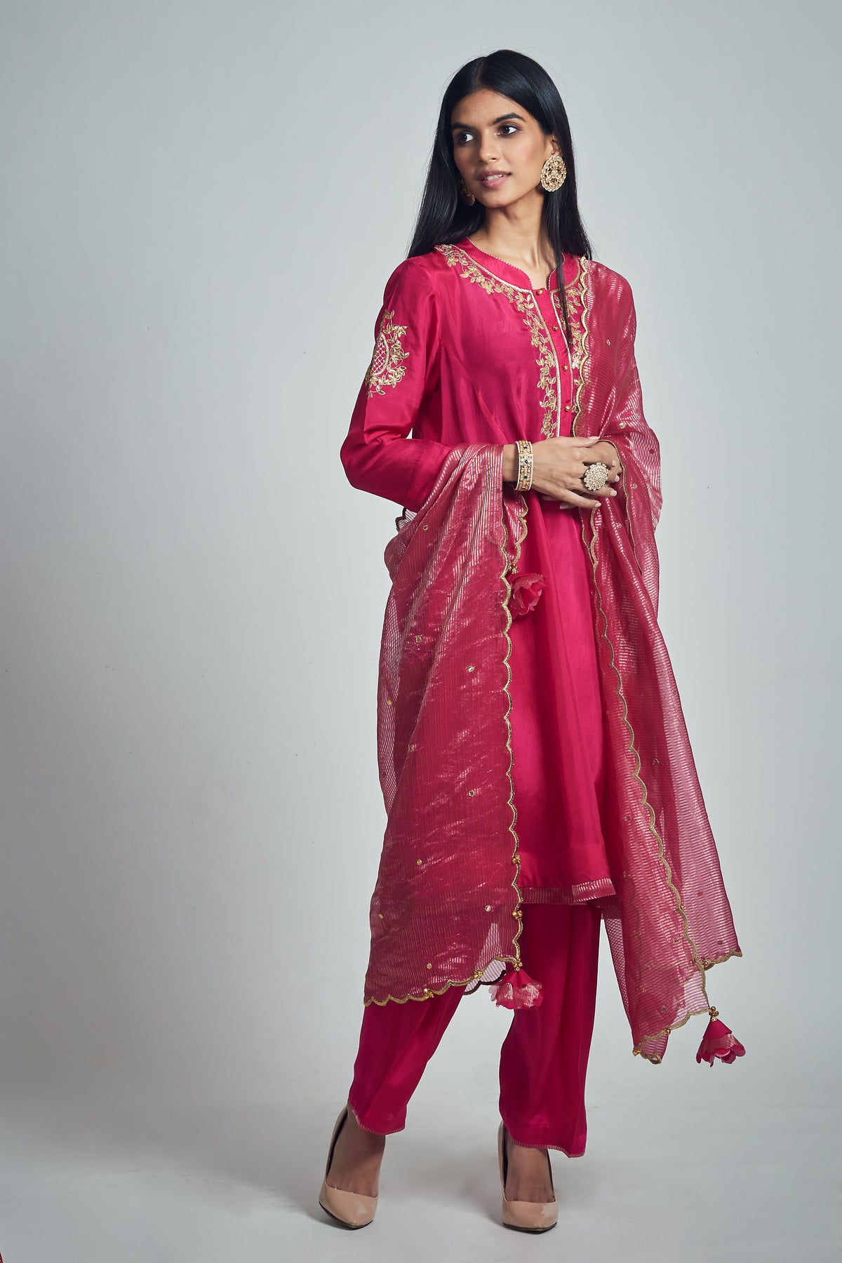 Nazish- Hot pink Habutai silk embroidered ensemble