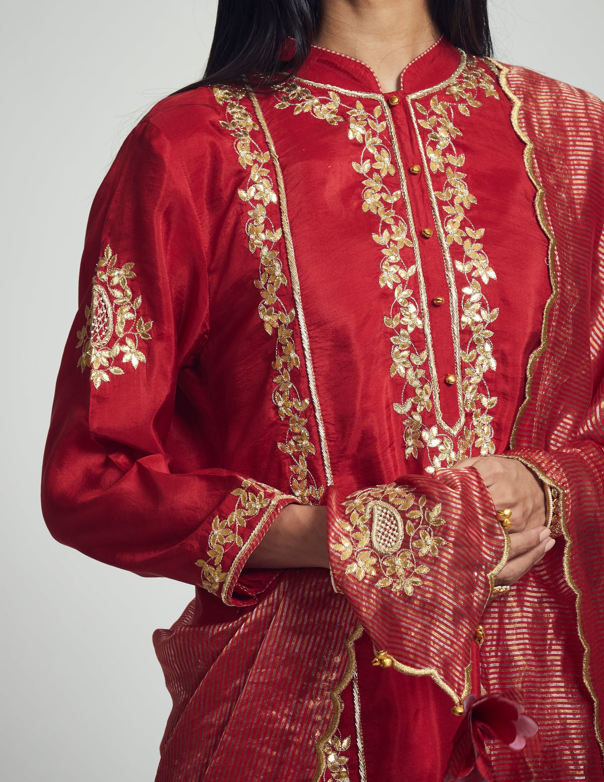 Nasira- Deep red habutai silk embroidered ensemble