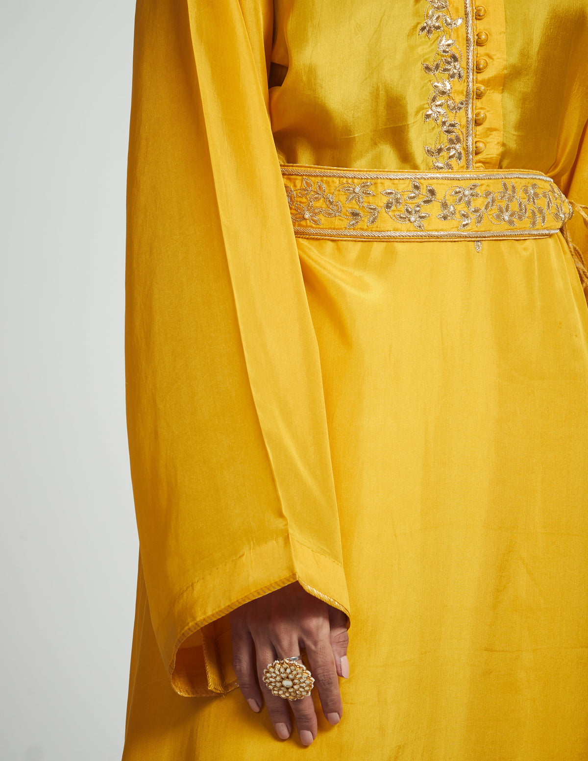 Nyasia- Happy mustard Habutai silk embroidered chauga