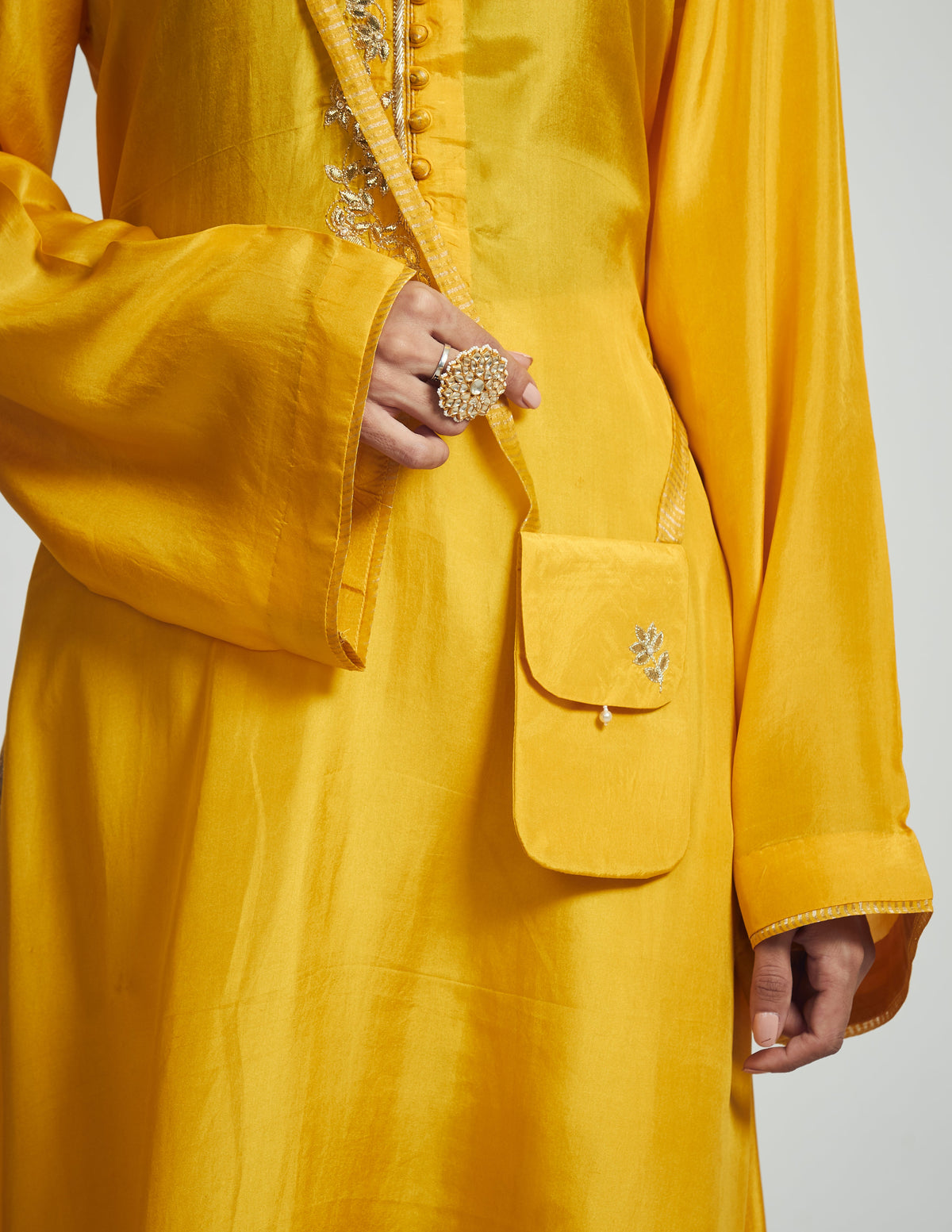 Nyasia- Happy mustard Habutai silk embroidered chauga