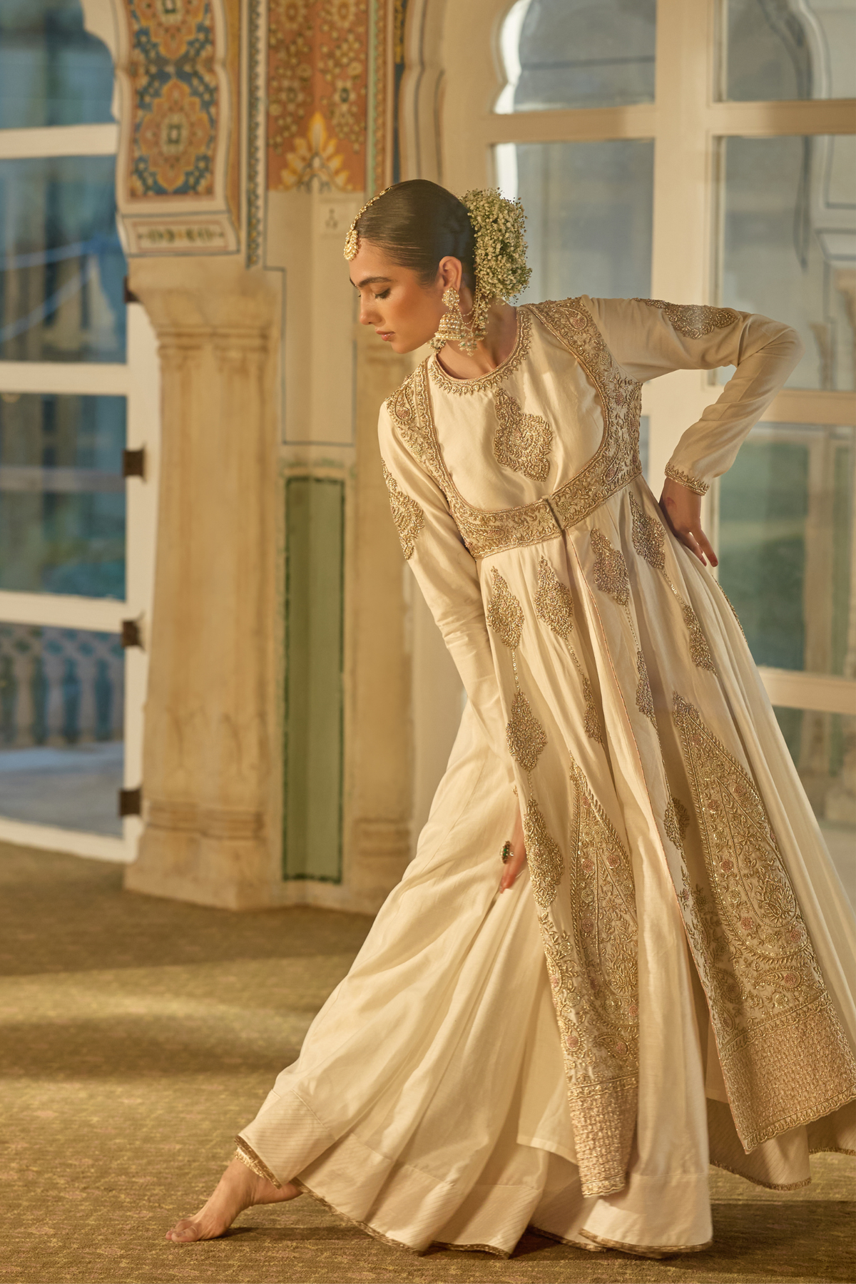 Zainah - Dabka Zardozi Embroidered Silk Daisy Ivory Anarkali Set