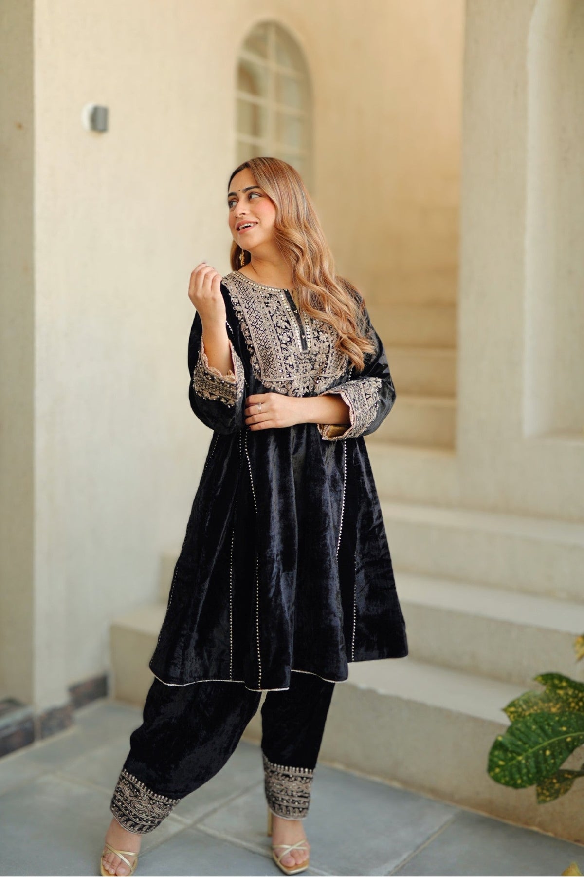 Nisreen - Black Silk Velvet Short Kalidaar Chauga with Salwar