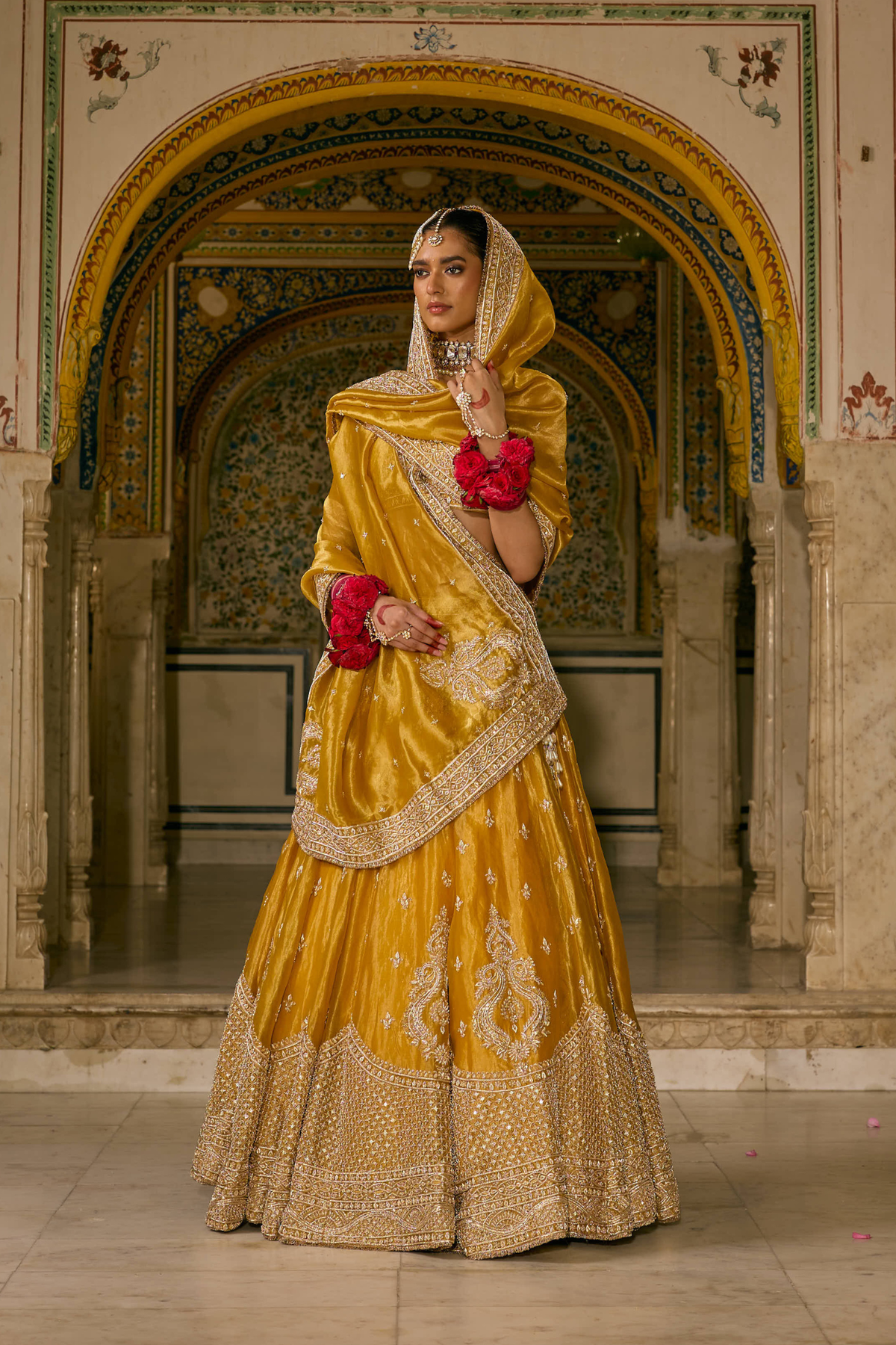 Aashina - Dabka Zardozi Embroidered Pure Tissue Mustard Gold Lehenga Set