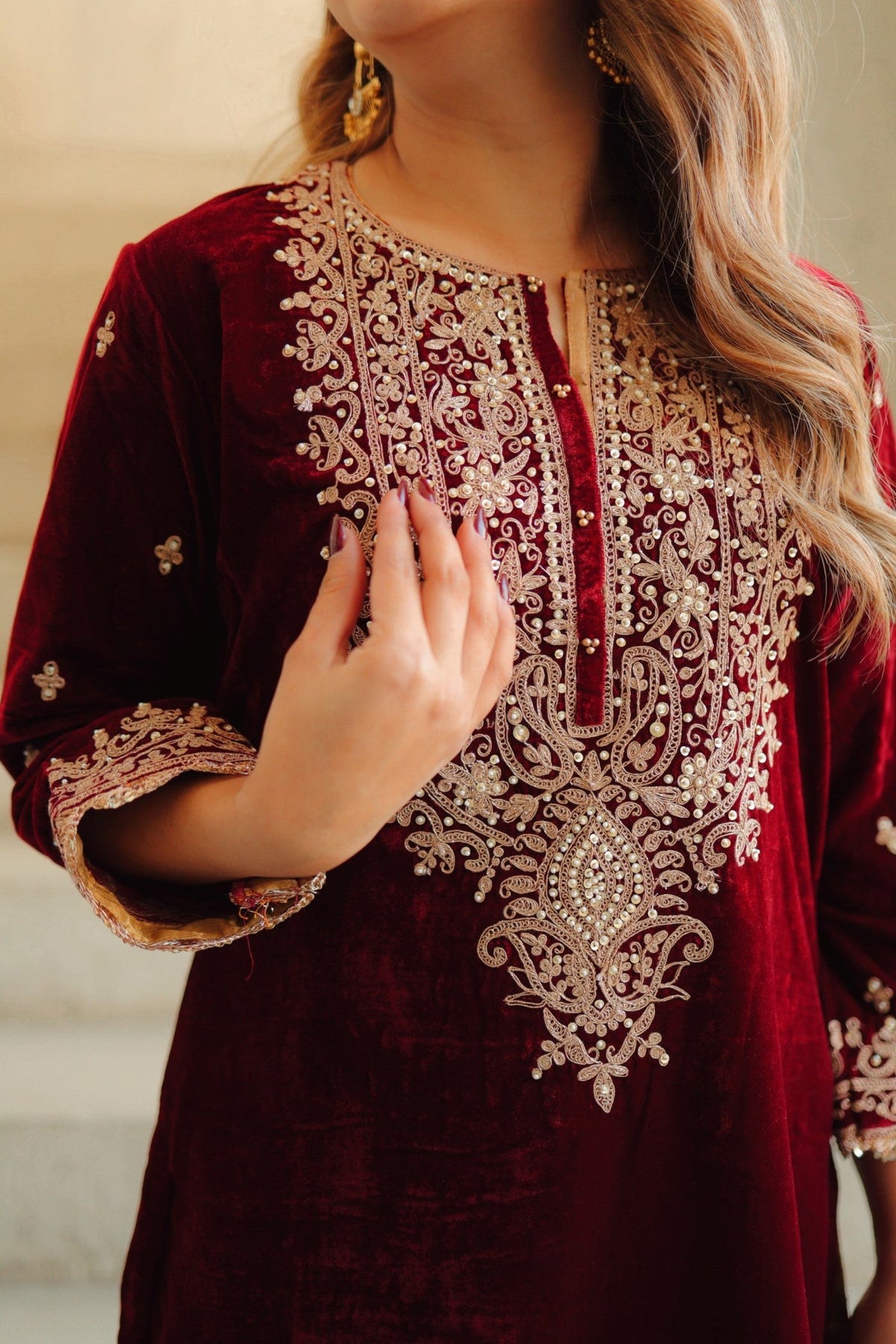 Naima - Maroon Silk Velvet Short Kurta with Salwar