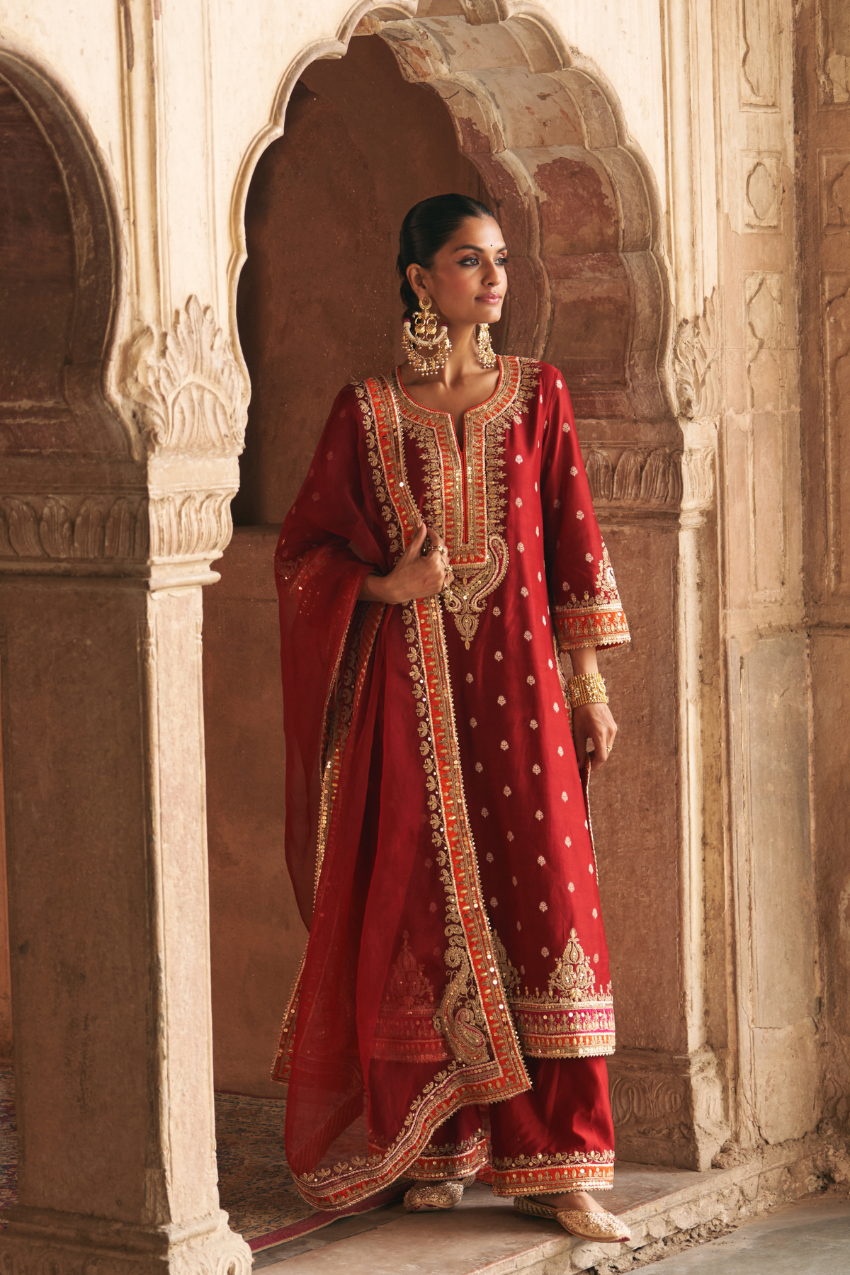 SUMAIRA - DEEP RED LONG KURTA WITH PALAZZO AND DUPATTA (Lxrts)