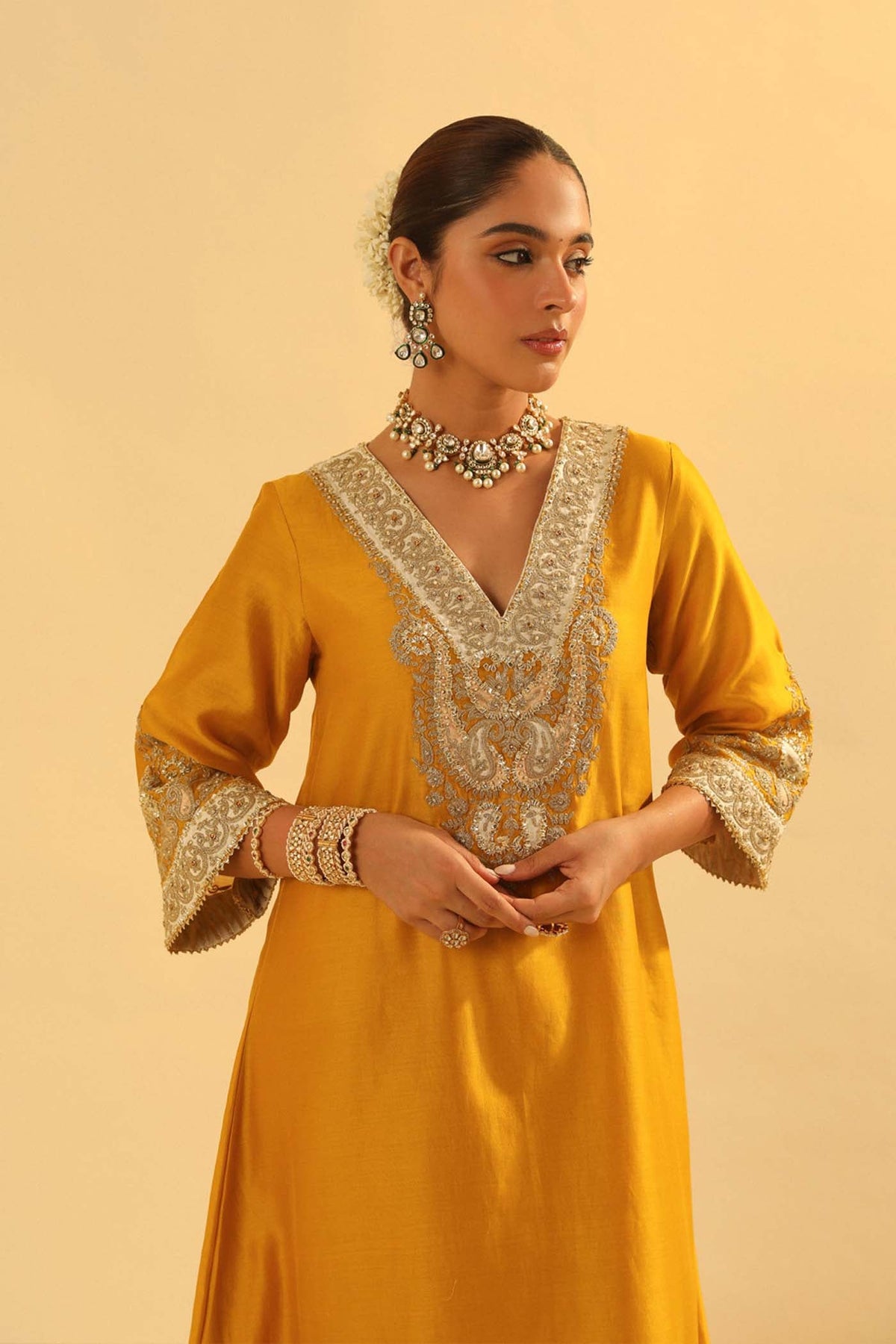 Shazana - Heirloom Mustard Long A-line Choga with Salwar
