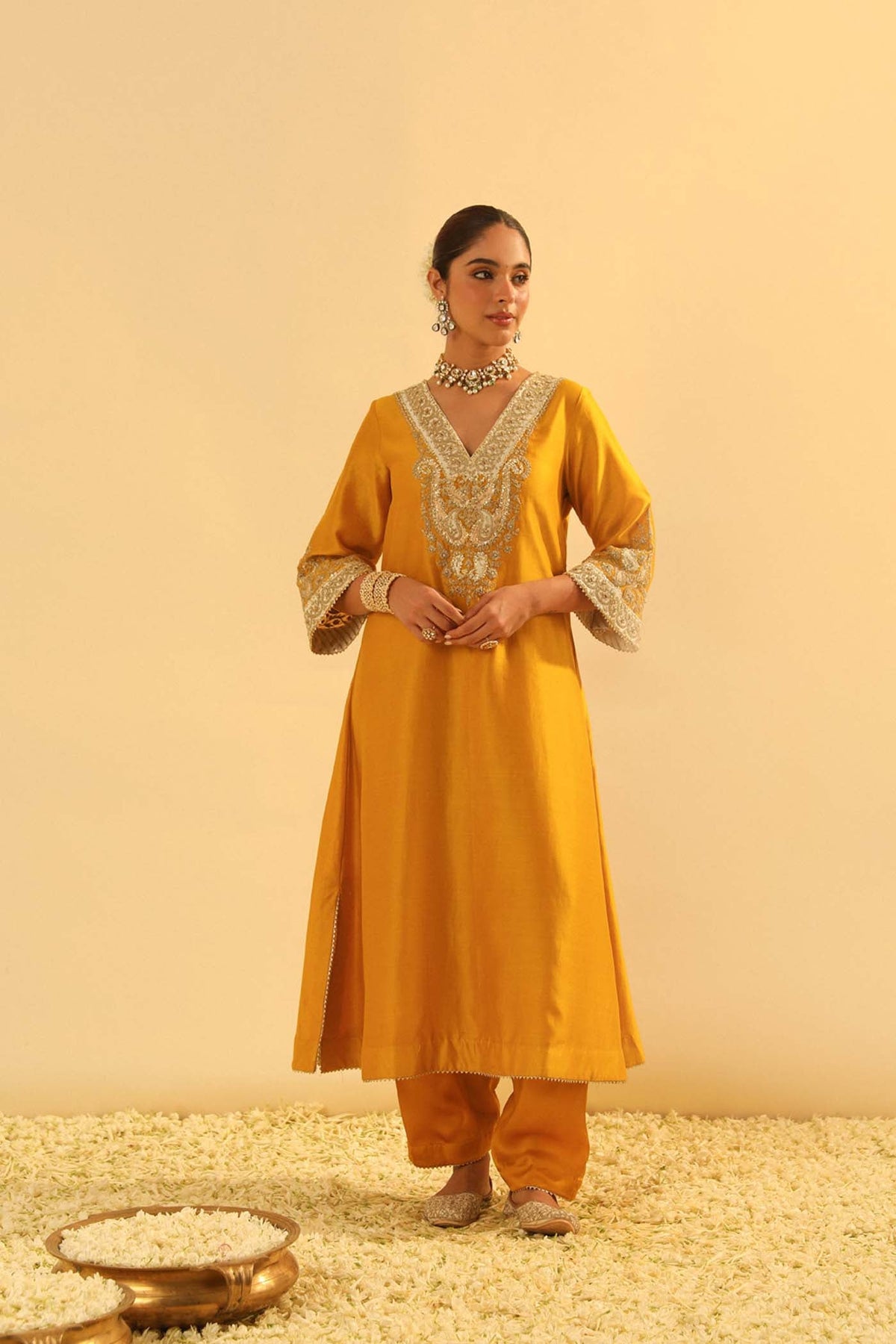 Shazana - Heirloom Mustard Long A-line Choga with Salwar