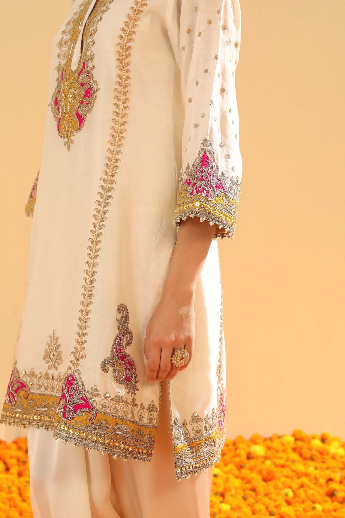Ziana - Daisy Ivory Short Straight Kurta with Salwar and Dupatta