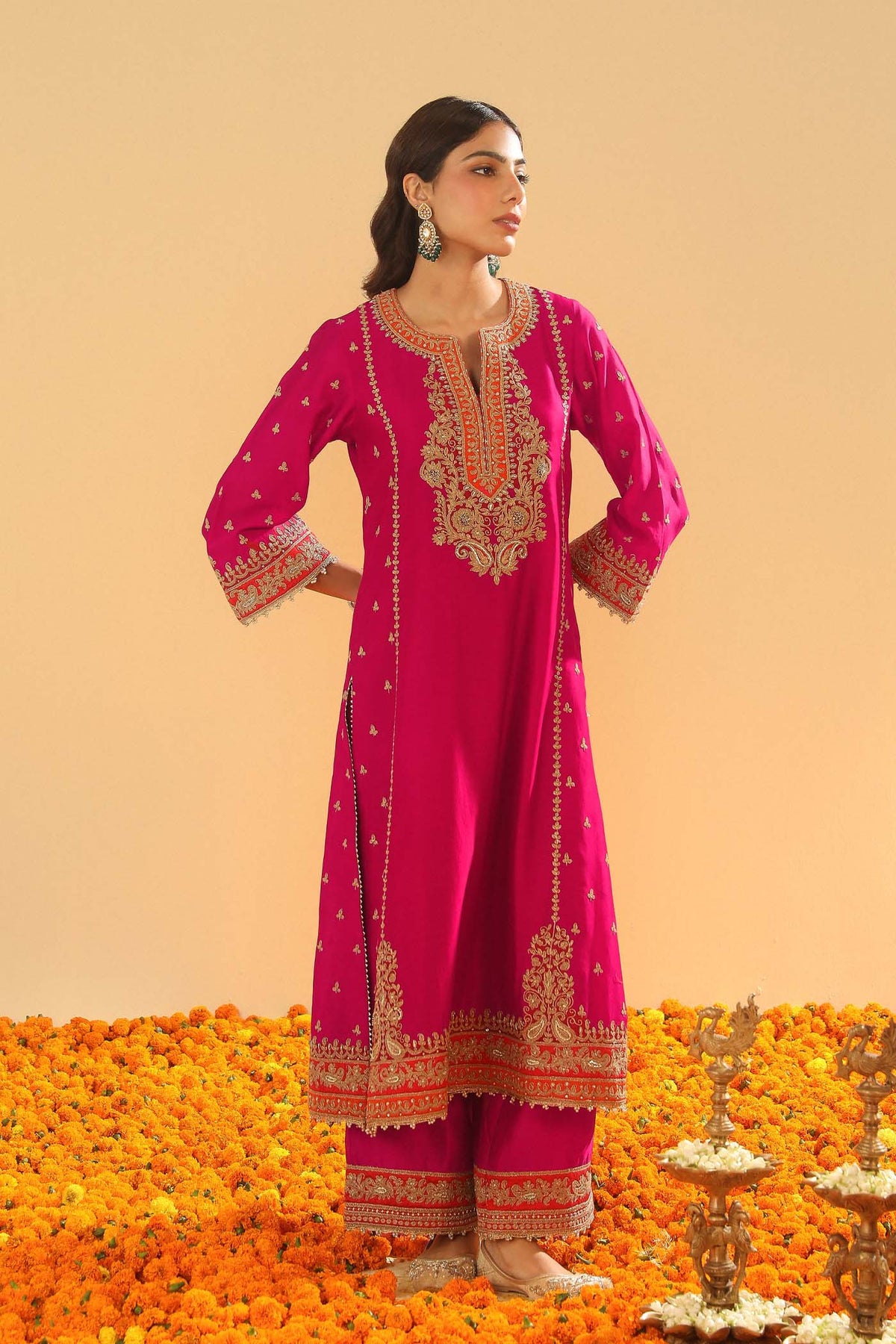 Shweta Sachdev In Aamish - Rani Hotpink Long A-line Kurta with Palazzo