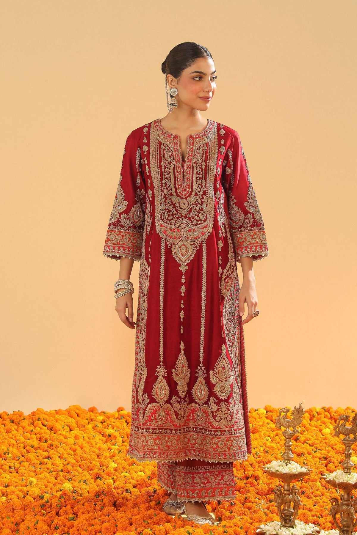 Maneet Bedi In Rua - Deep Red Long A-line Kurta with Palazzo