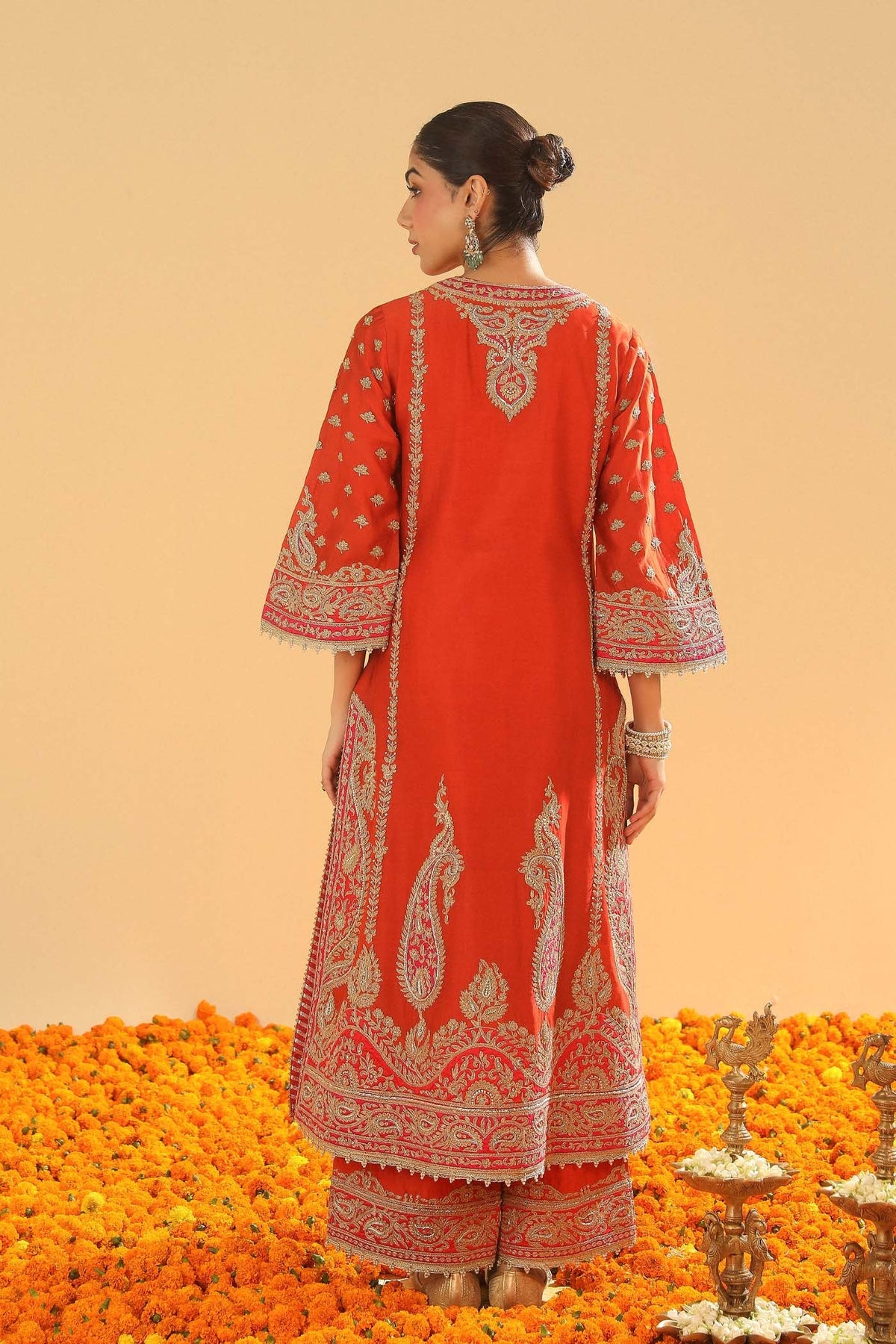 Misam - Burnt Orange Long A-line Kurta with Palazzo