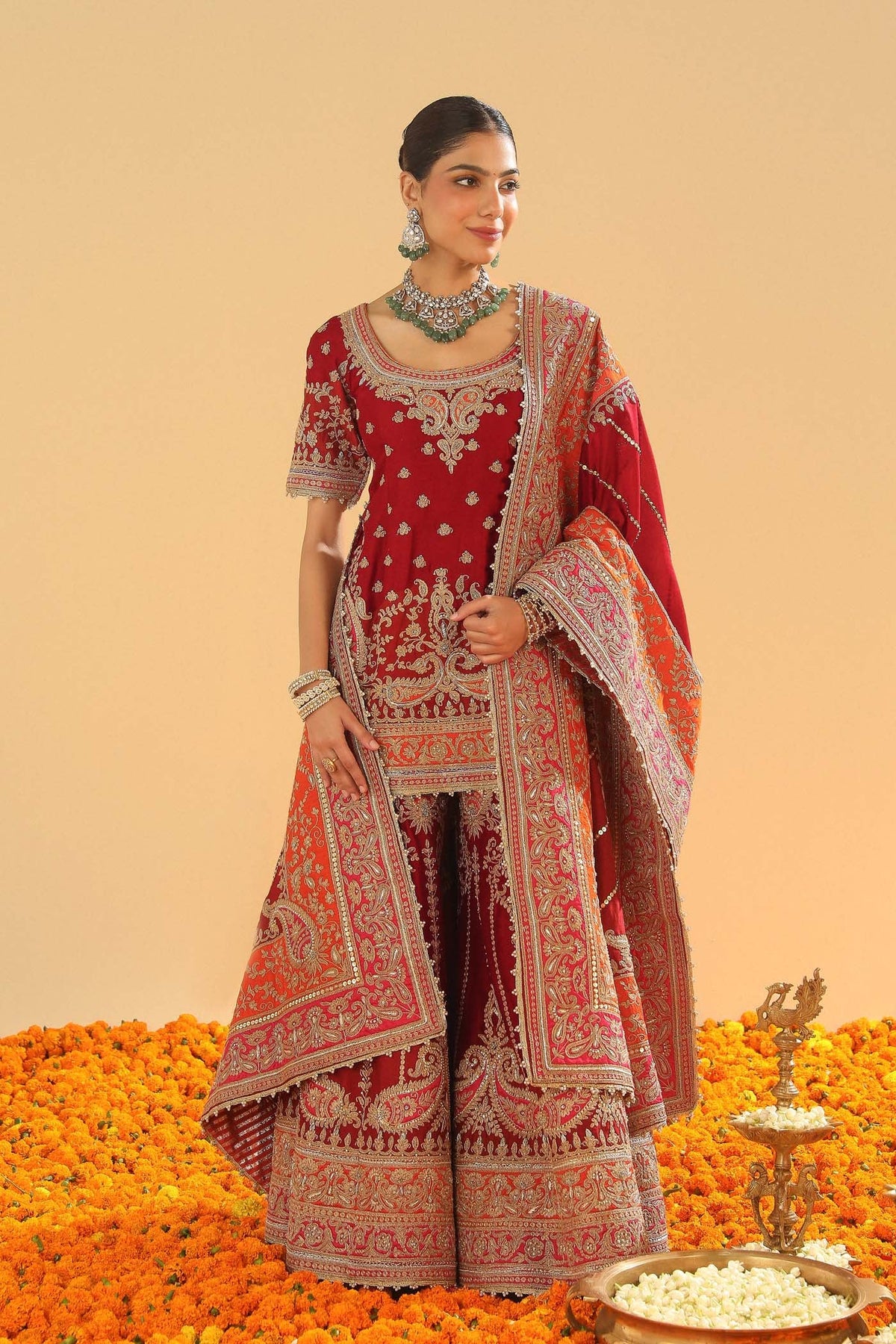 Sehrish - Deep Red Short Kurta with Sharara