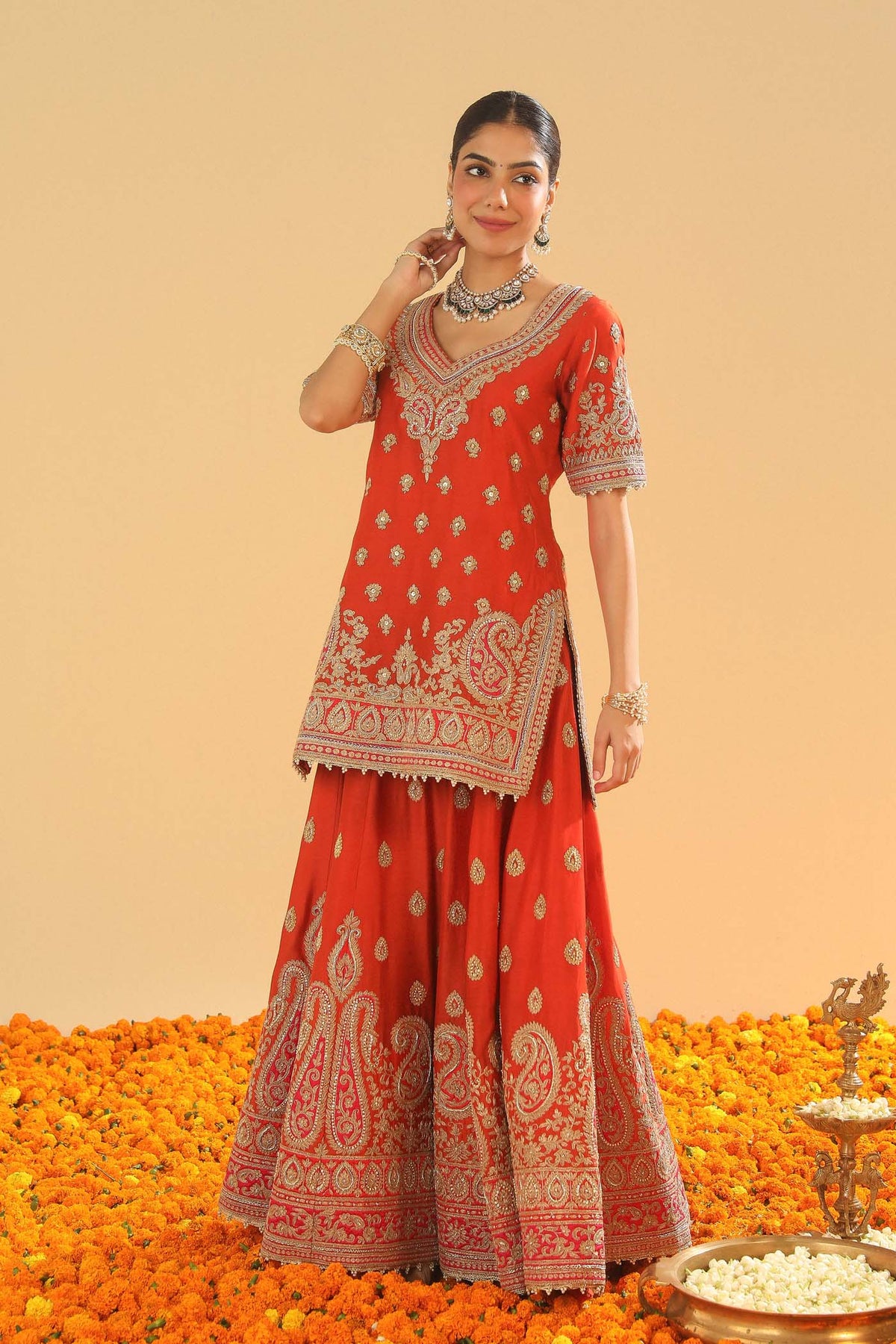Shazfa - Burnt Orange Short Kurta with Sharara