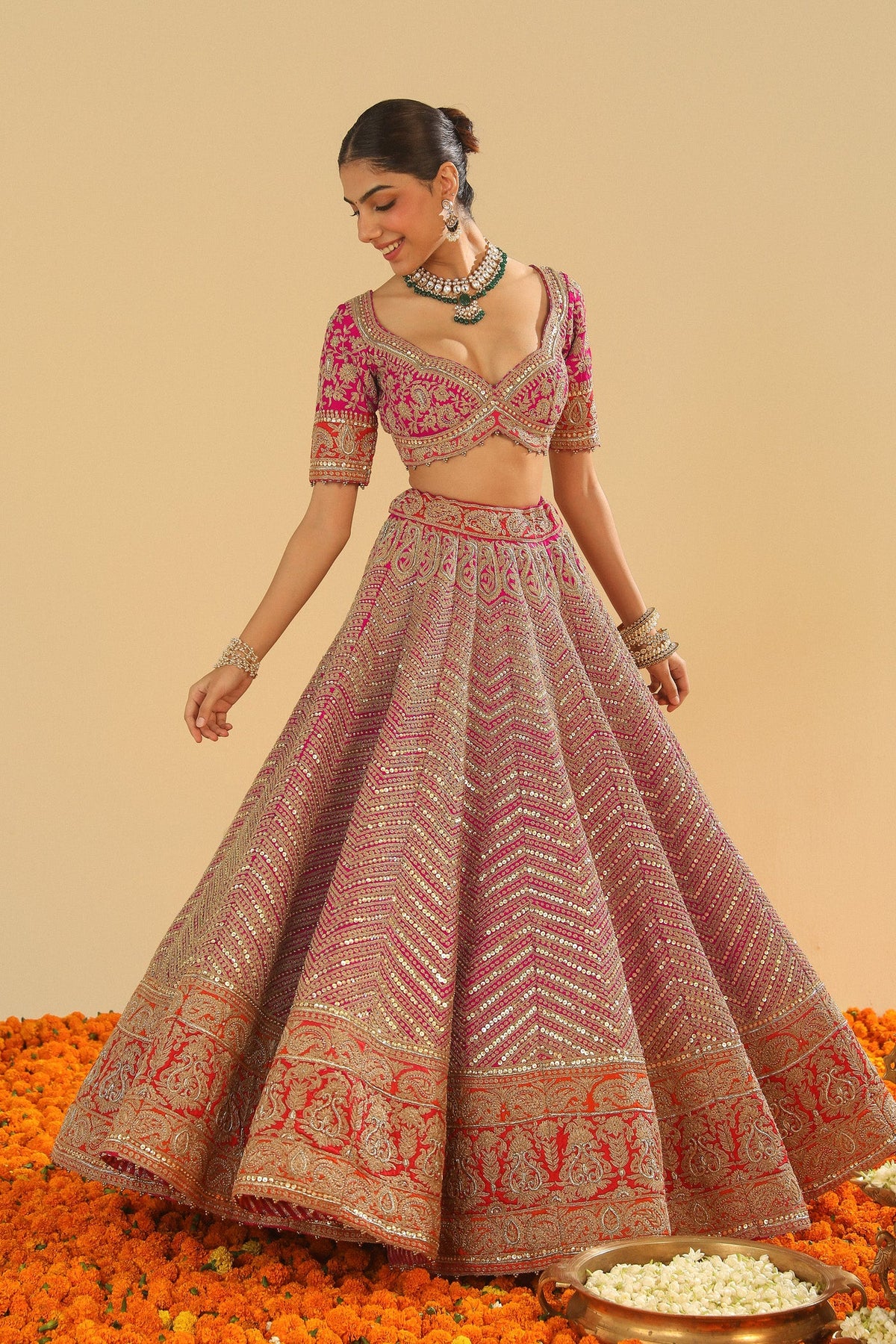 Anahira - Rani Hotpink Blouse with Lehenga and Dupatta
