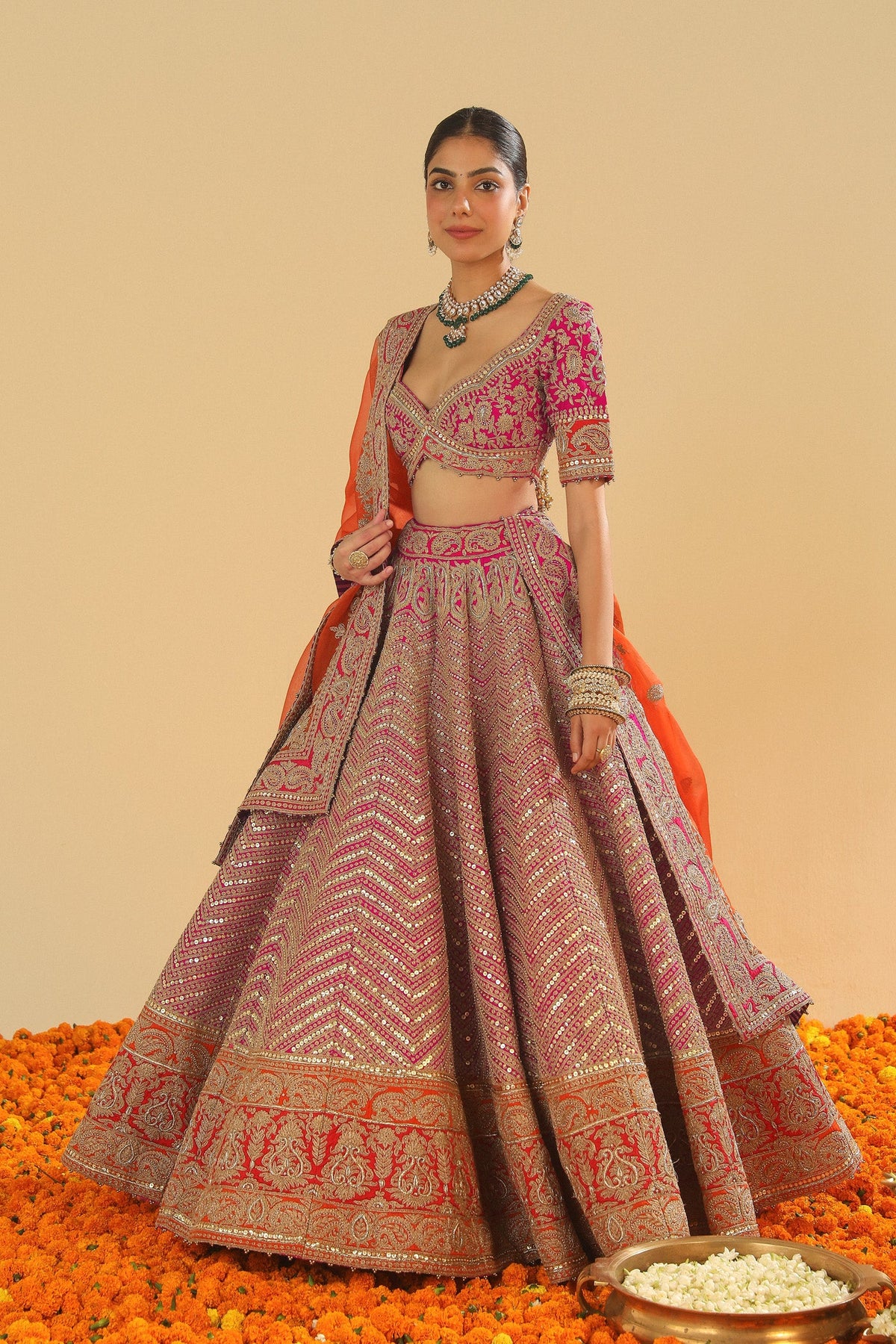 Anahira - Rani Hotpink Blouse with Lehenga and Dupatta
