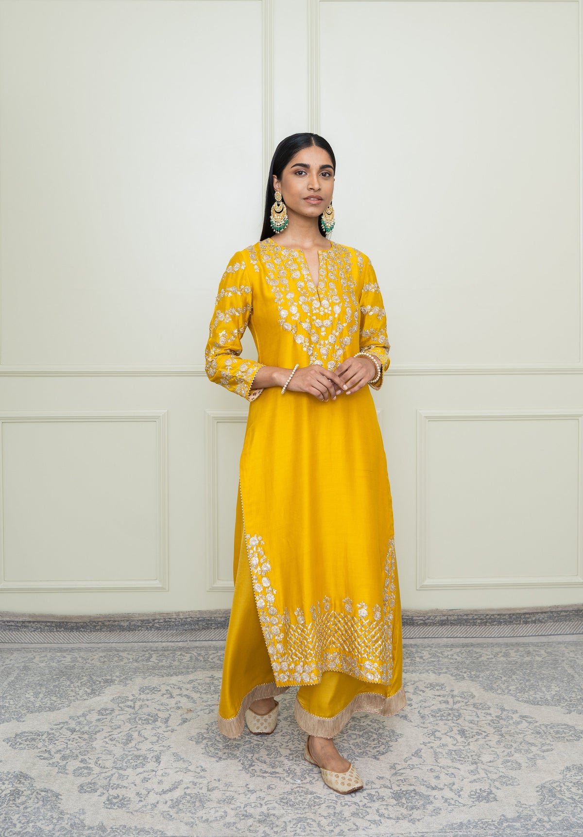 Aarvi- Glaze Mustard Tilla Embroidered Kurta Set