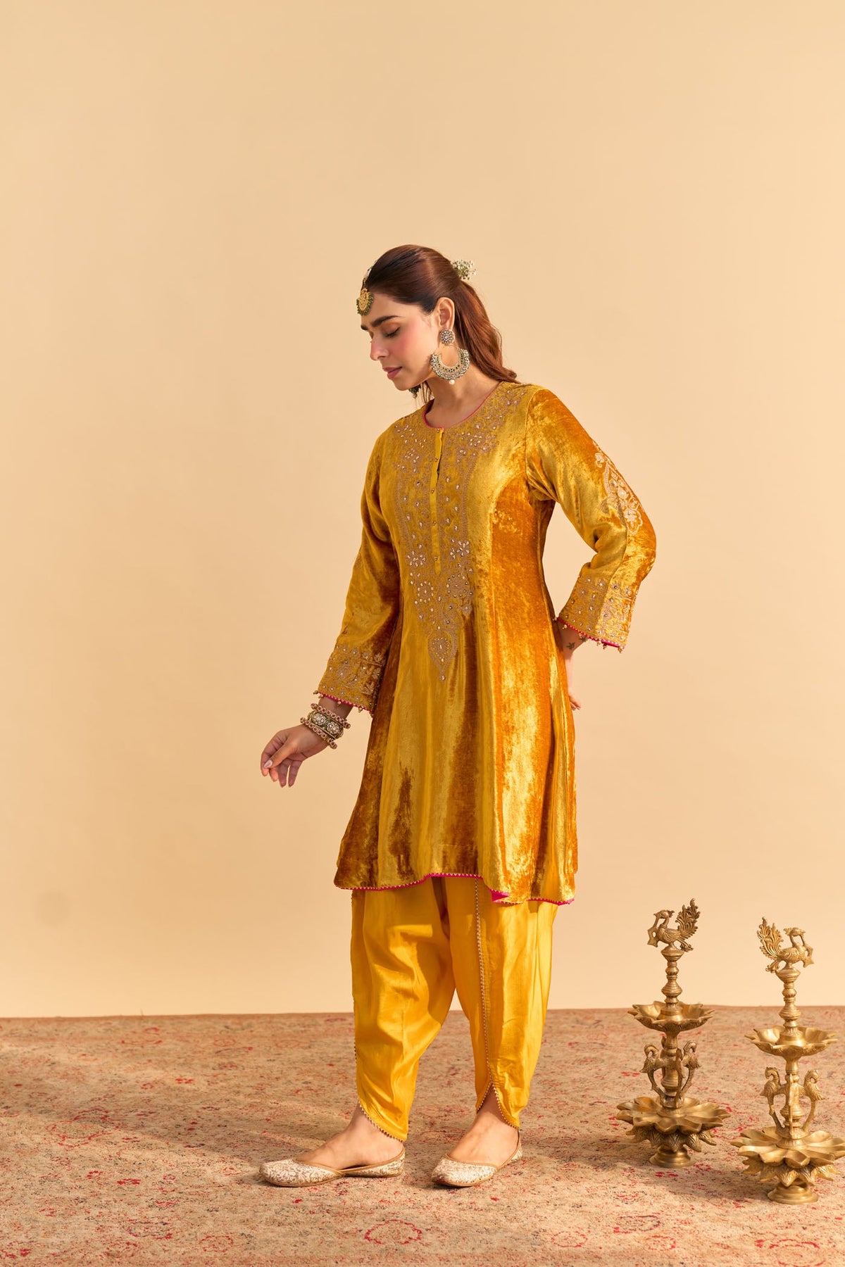 Laiba - Silk Velvet Heirloom Mustard A-line Kurta with Dhoti