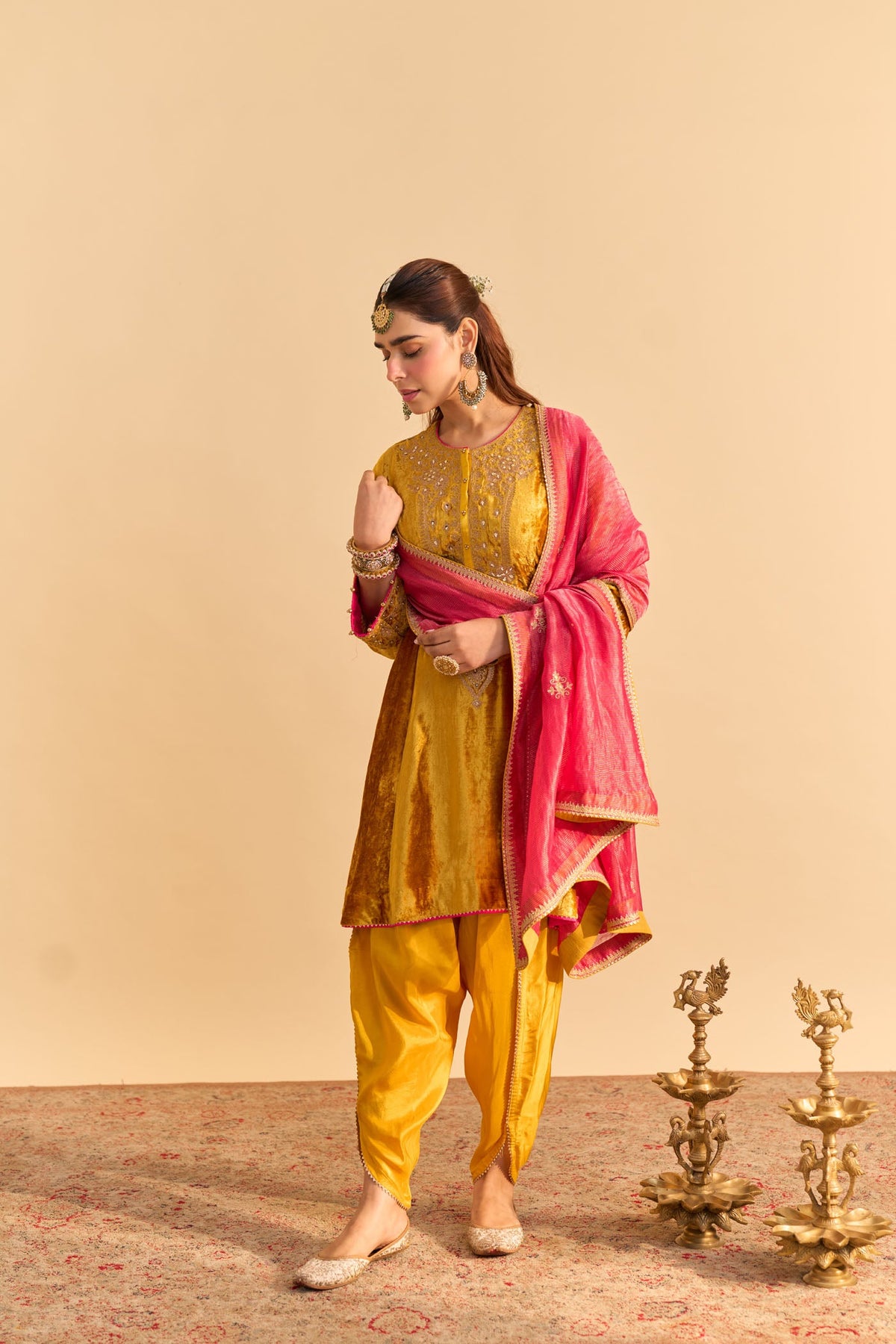 Laiba - Silk Velvet Heirloom Mustard A-line Kurta with Dhoti