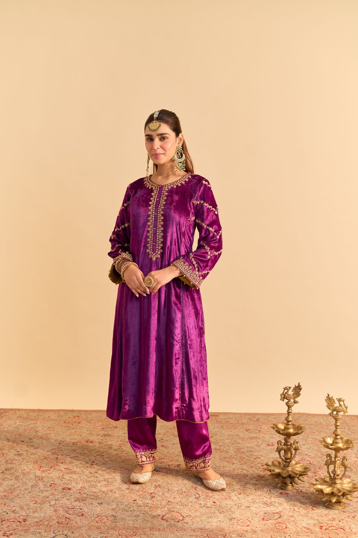 Azmiya - Silk Velvet Deep Purple Chauga with Salwar