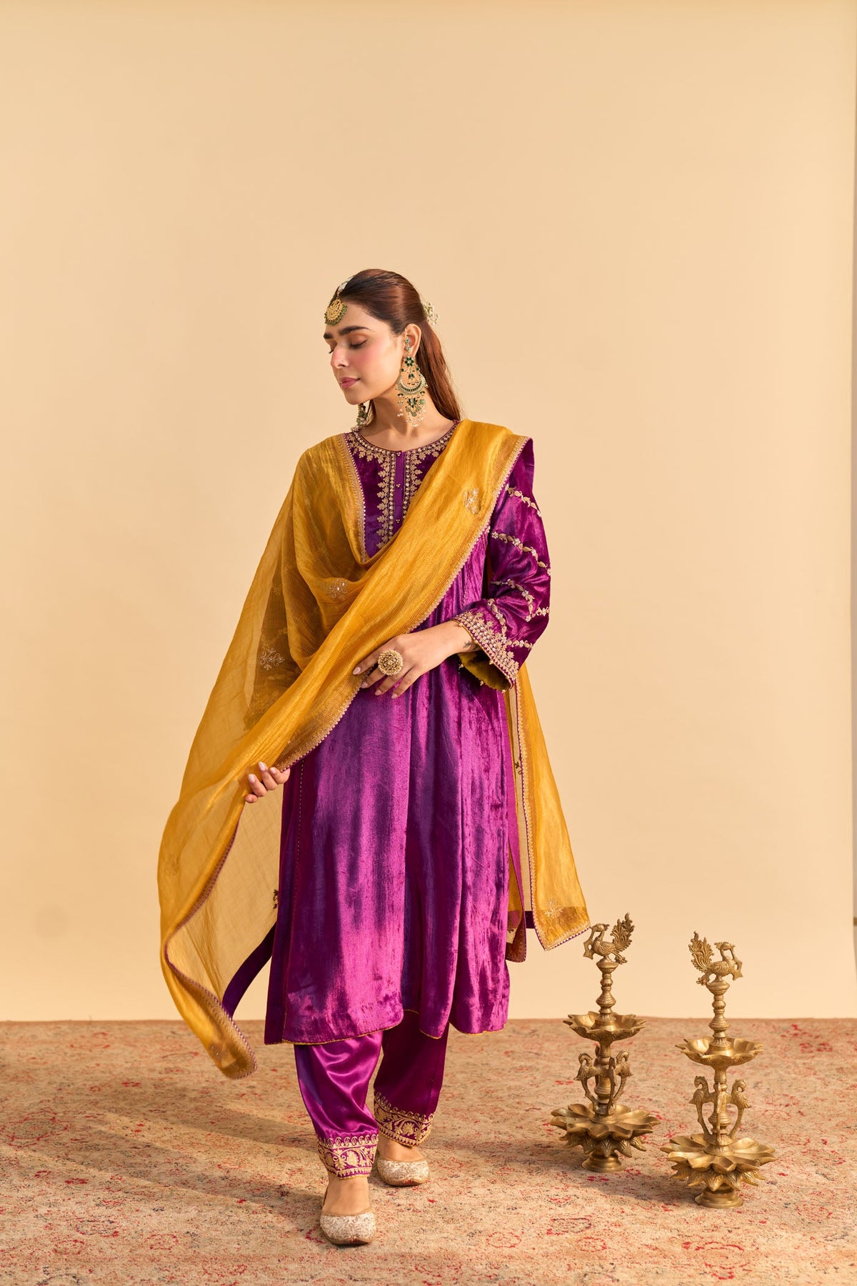 Azmiya - Silk Velvet Deep Purple Chauga with Salwar