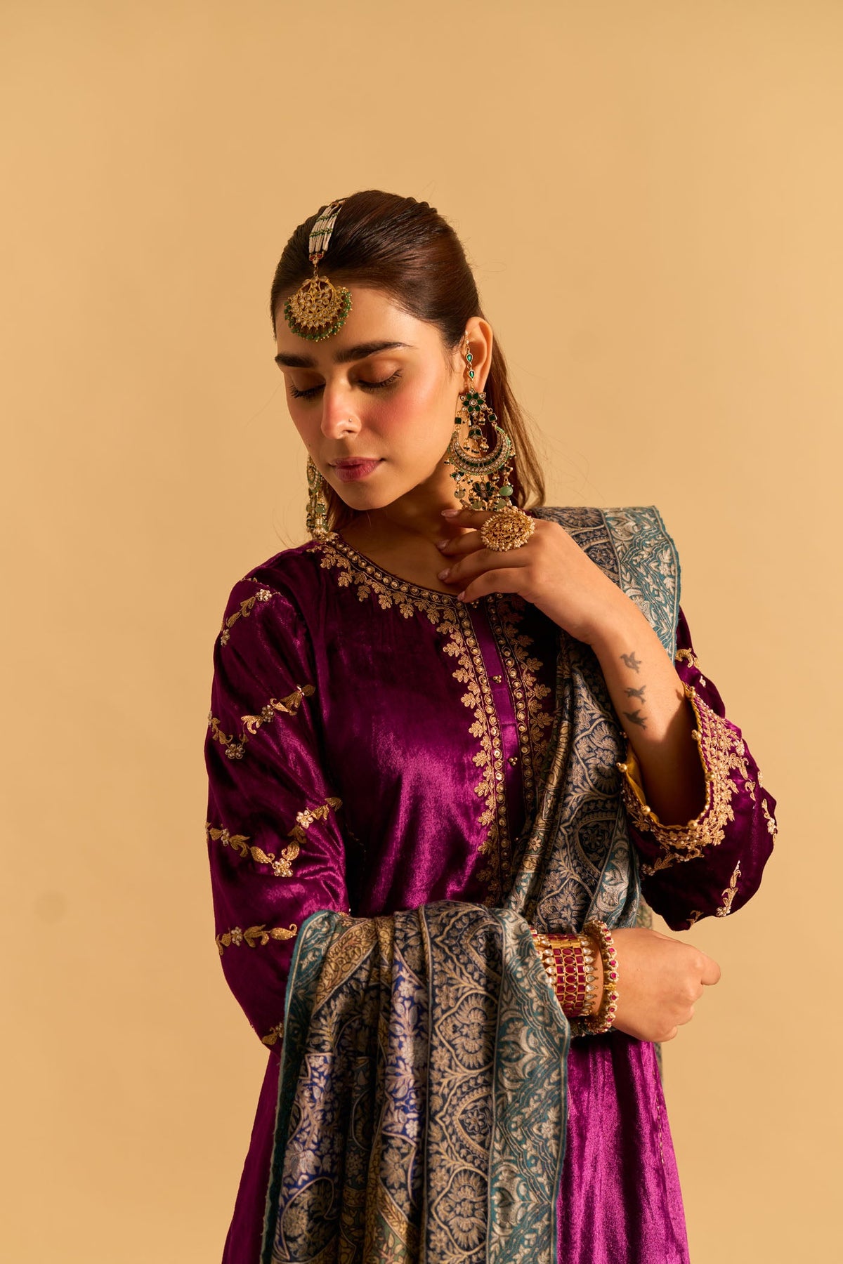 Azmiya - Silk Velvet Deep Purple Chauga with Salwar