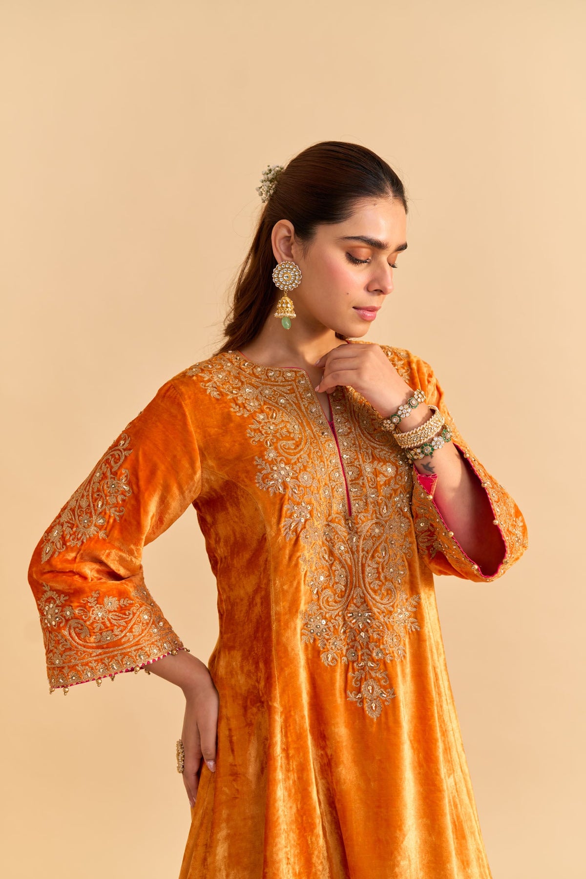 Eira - Silk Velvet Orange A-line Kurta with Dhoti