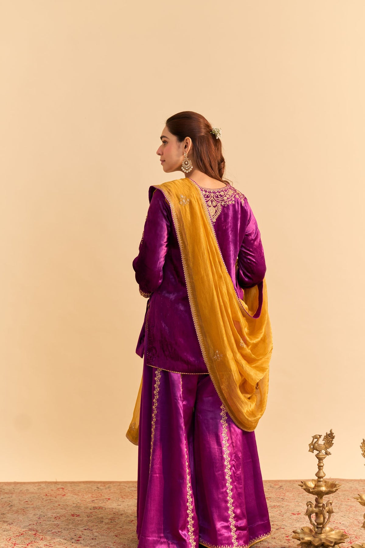 Aroob - Silk Velvet Deep Purple Kurta with Sharara and Dupatta