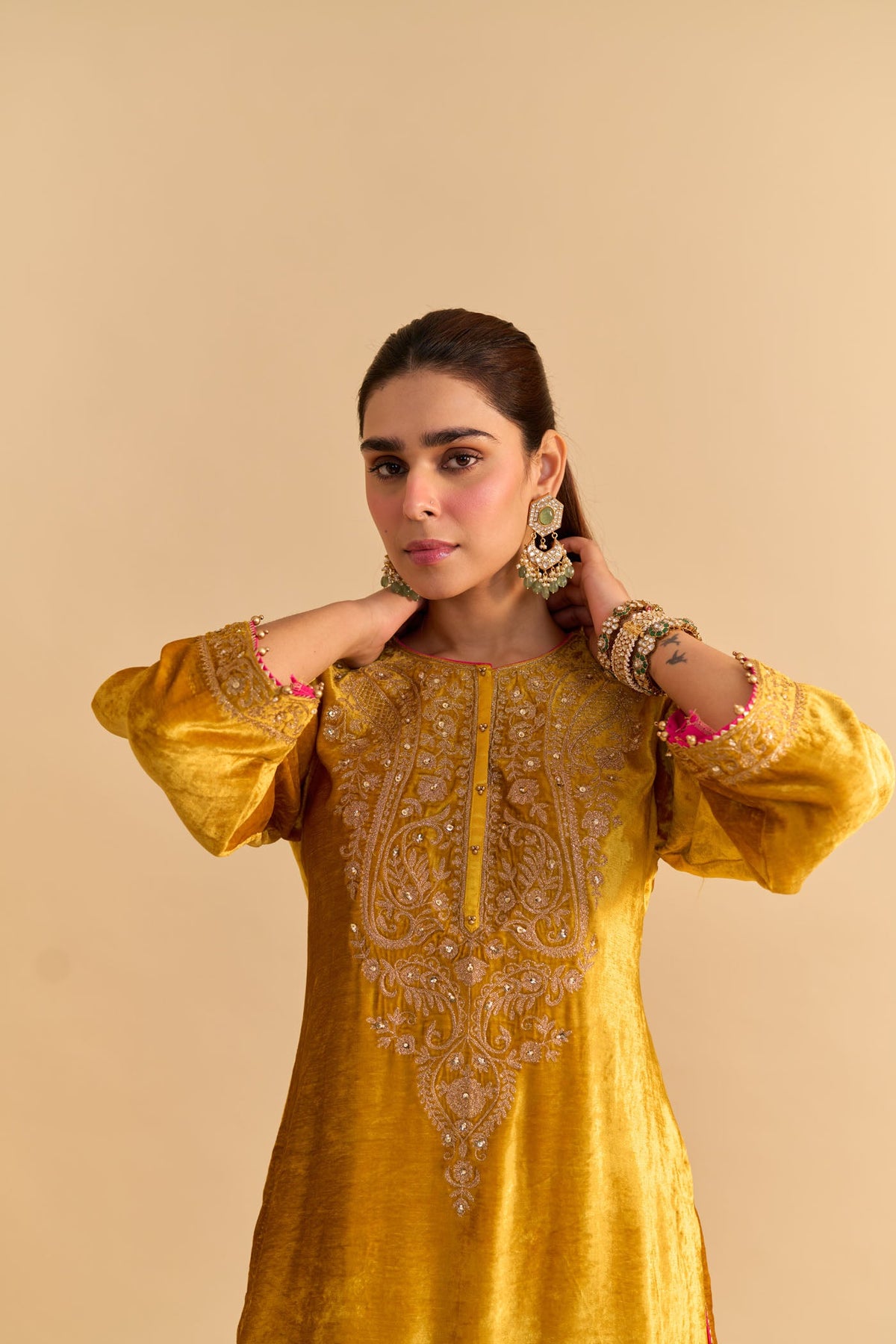 Aroob - Silk Velvet Heirloom Mustard Kurta with Sharara and Dupatta