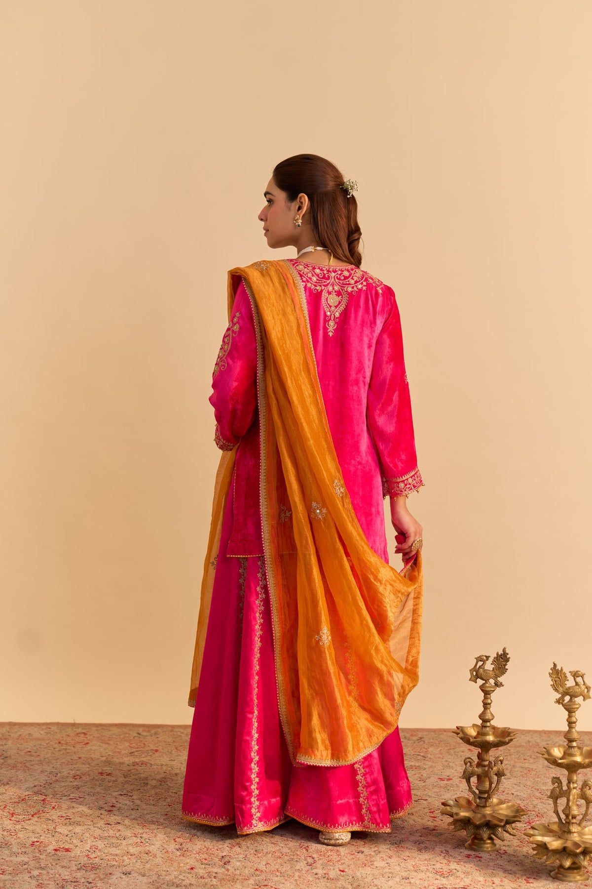 Aroob - Silk Velvet Rani Hotpink Kurta with Sharara and Dupatta