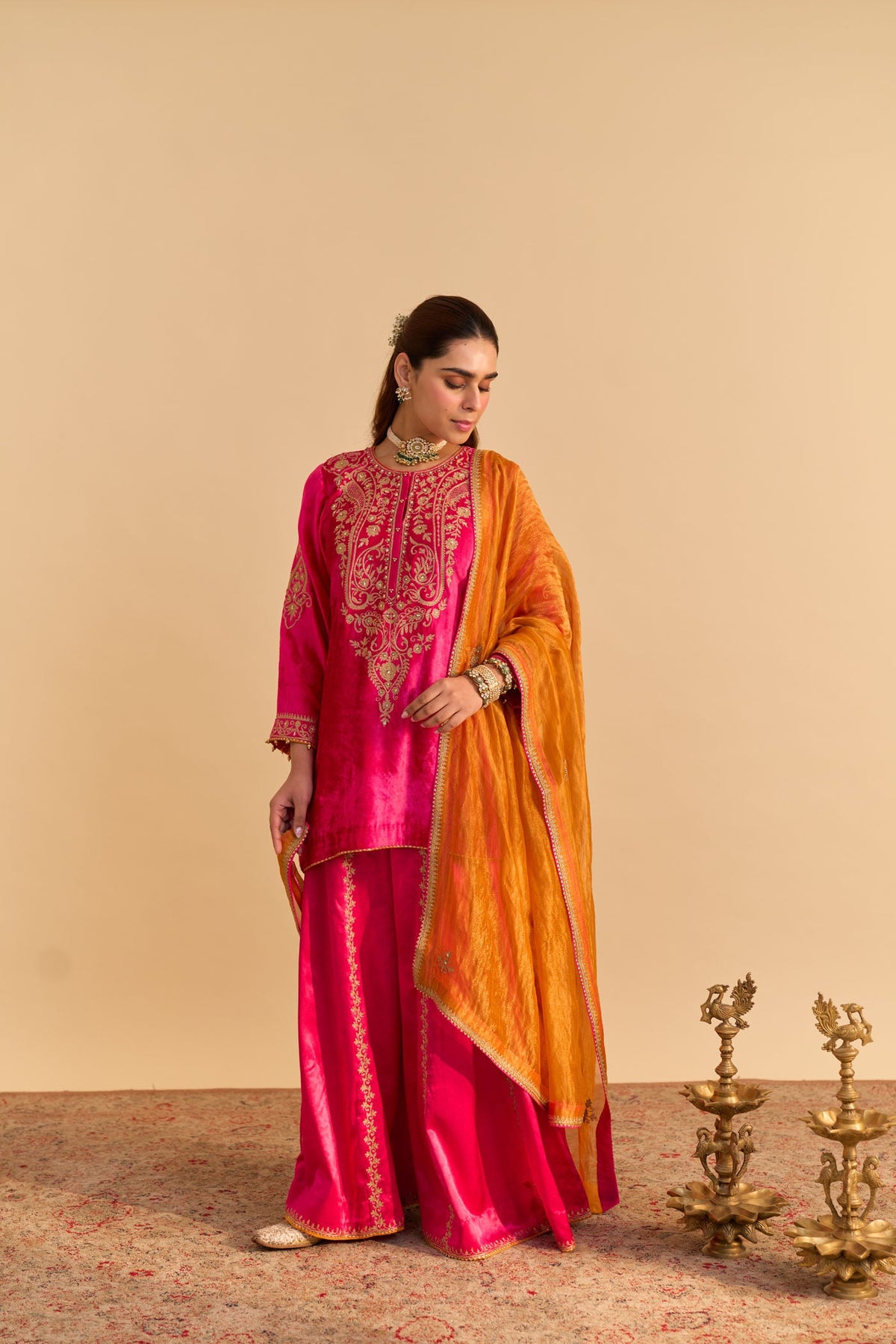 Aroob - Silk Velvet Rani Hotpink Kurta with Sharara and Dupatta
