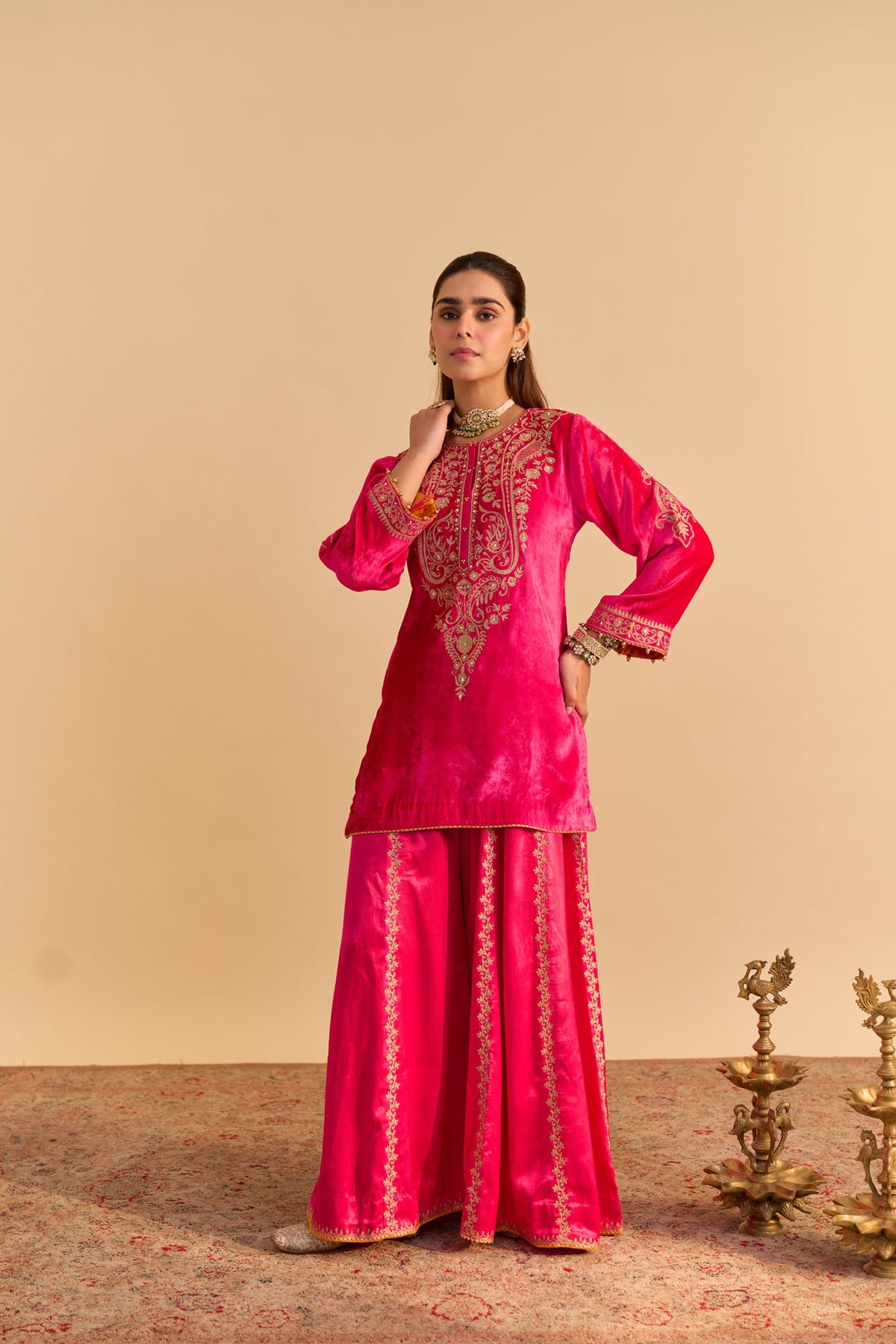 Aroob - Silk Velvet Rani Hotpink Kurta with Sharara and Dupatta