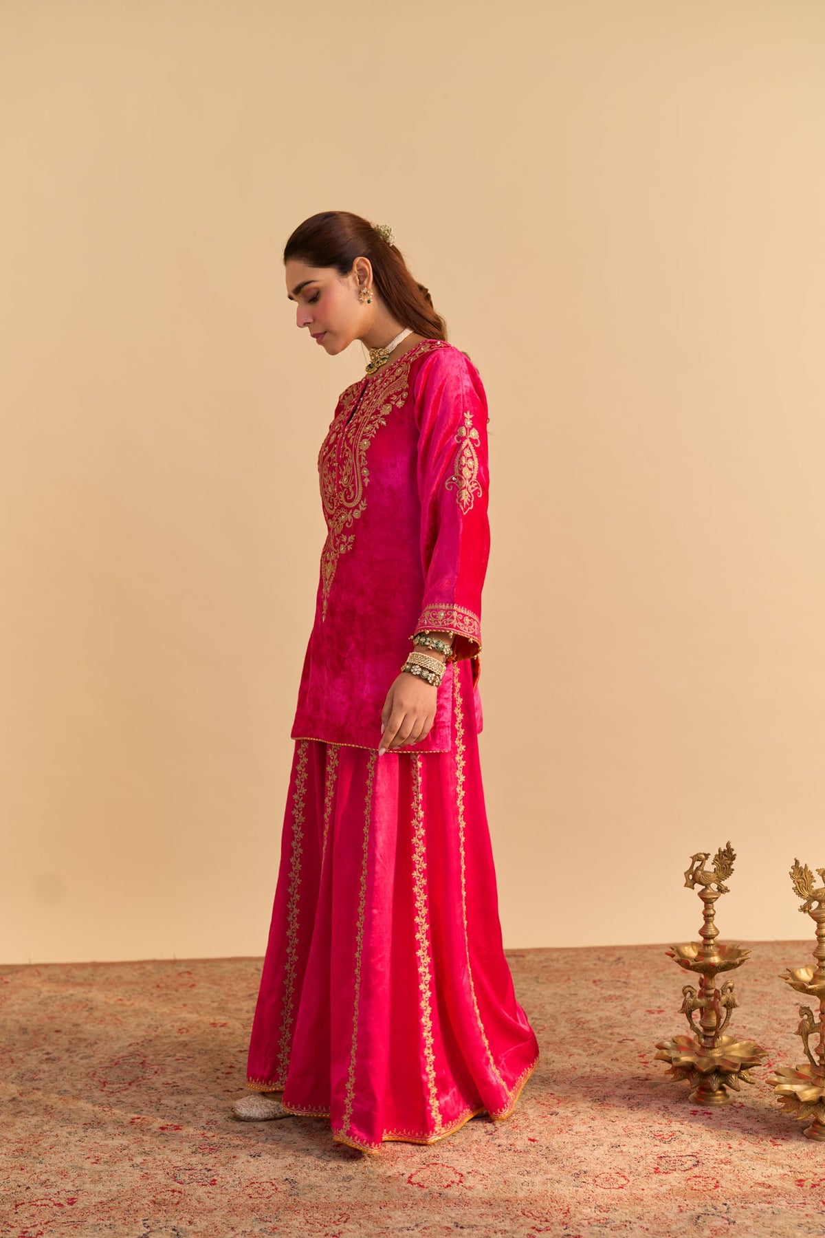Aroob - Silk Velvet Rani Hotpink Kurta with Sharara and Dupatta