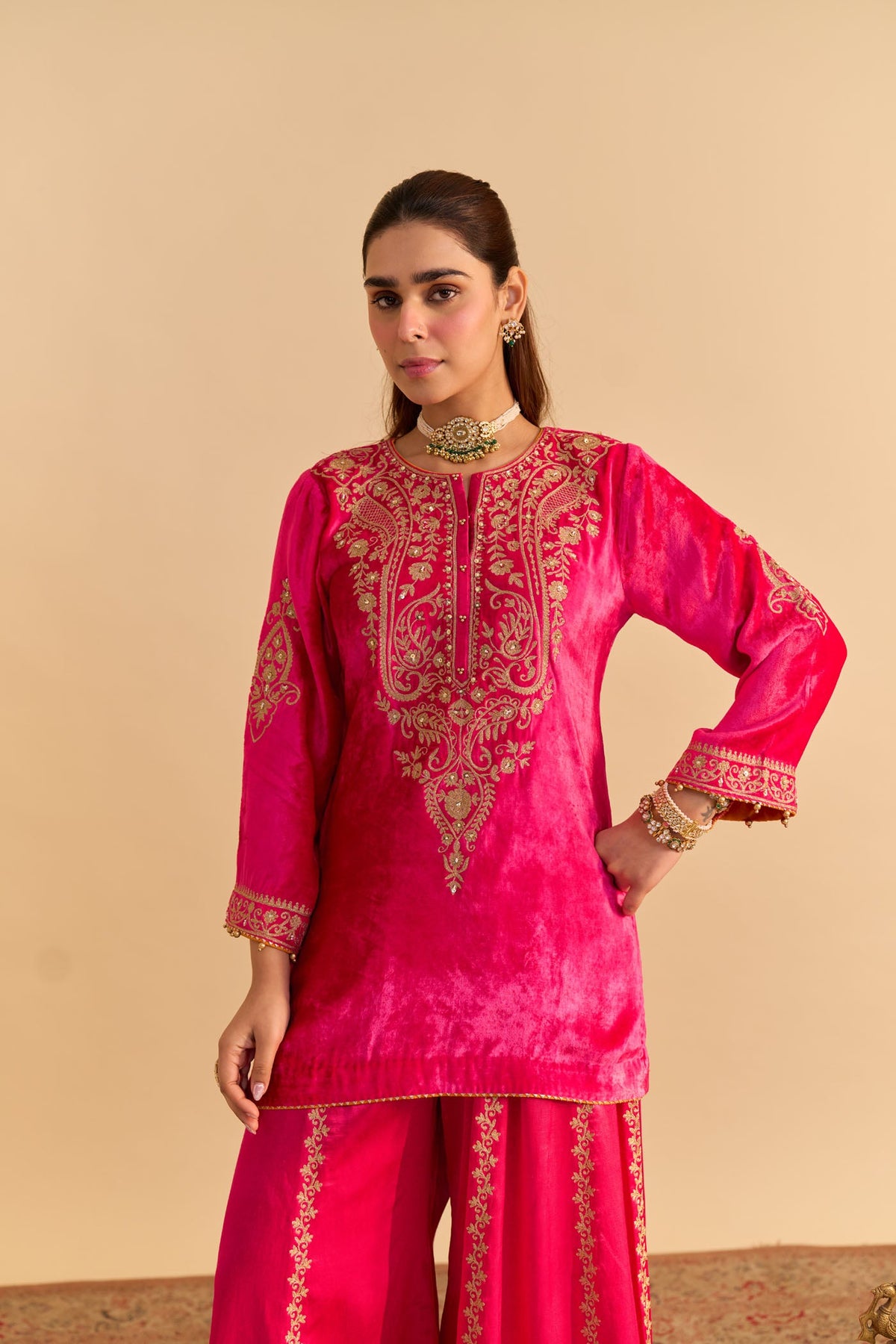 Aroob - Silk Velvet Rani Hotpink Kurta with Sharara and Dupatta